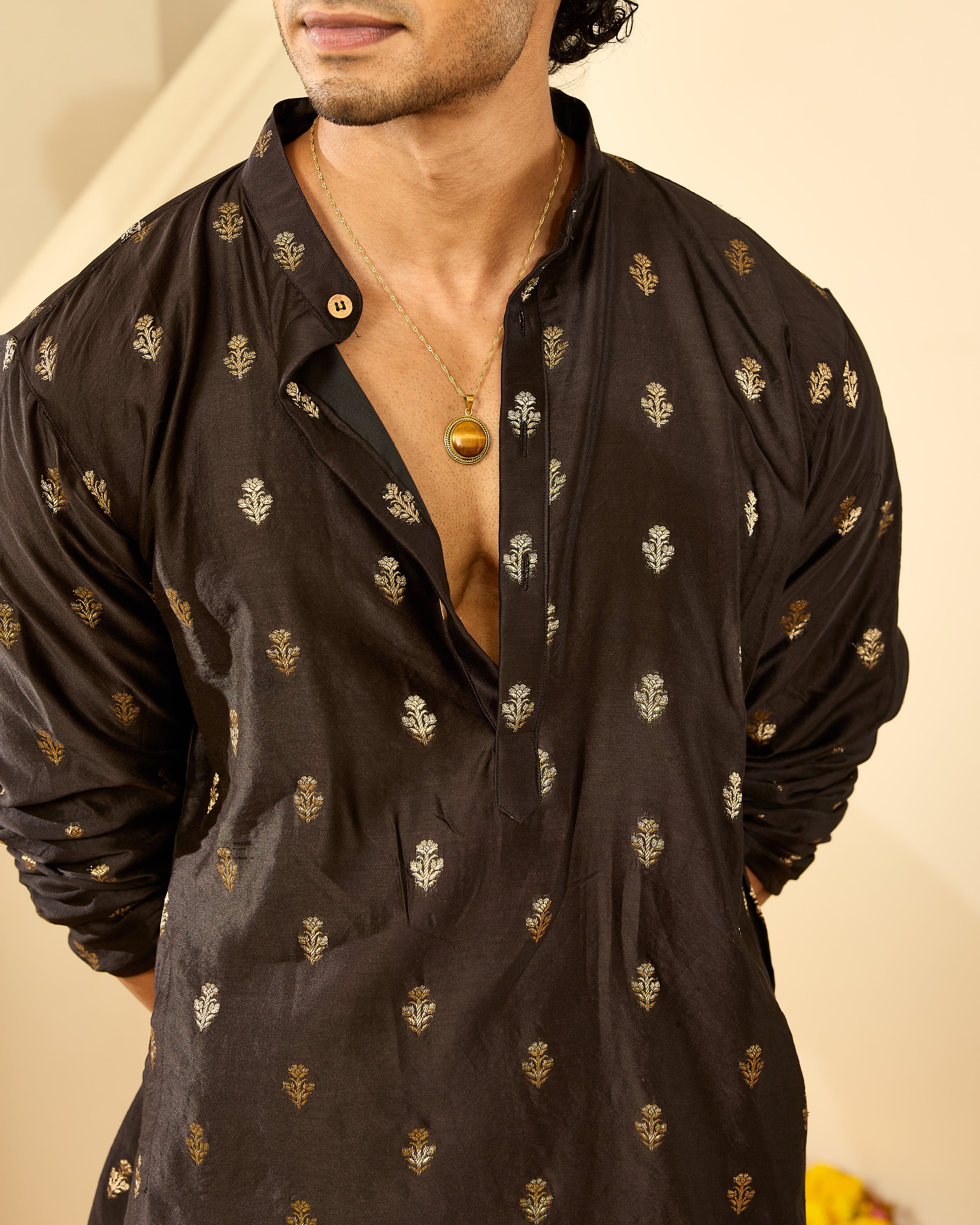 Black Pure Chanderi Zari Buta Small Floral Men's Short Kurta