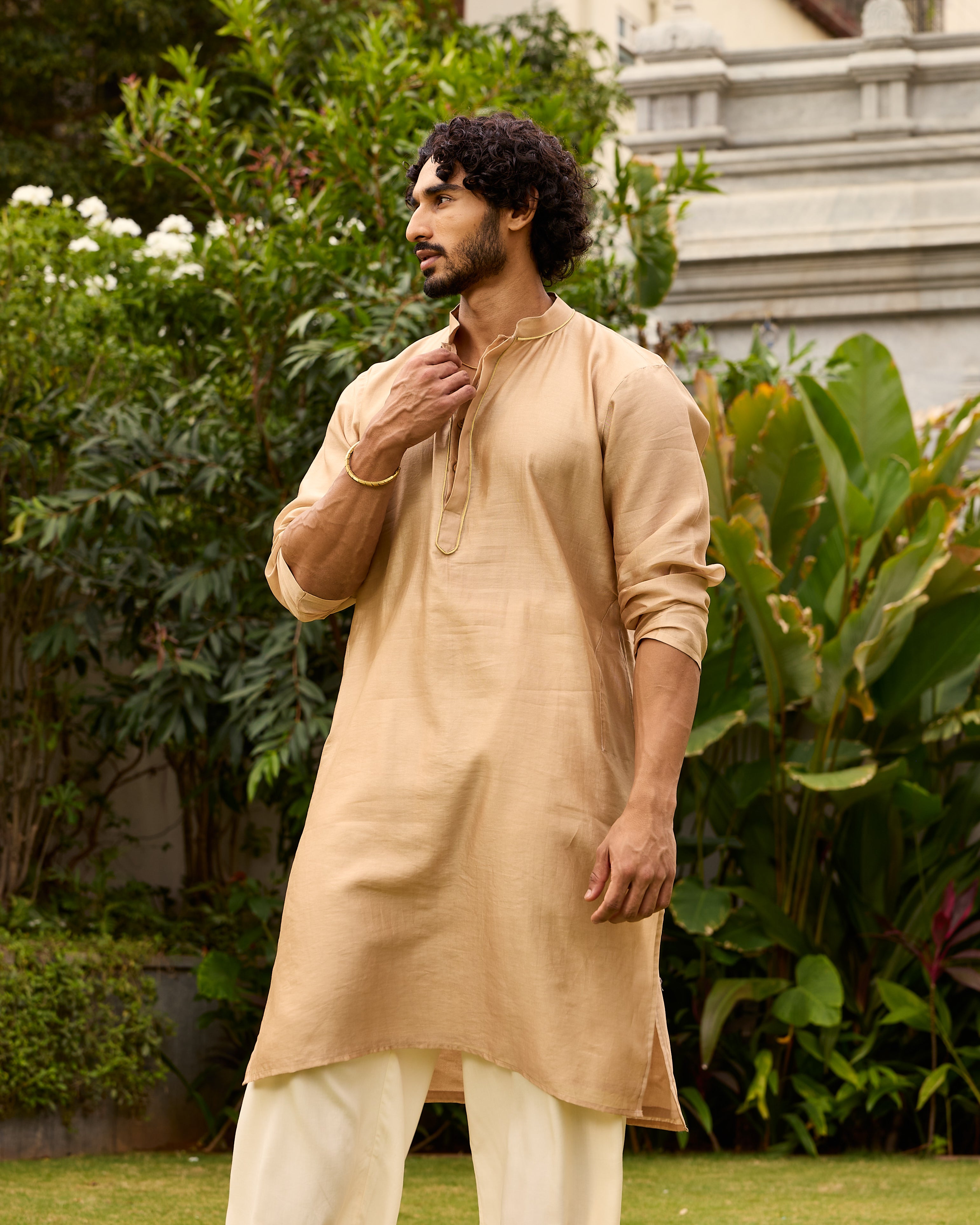 Light Gold Pure Chanderi Kurta With Gold Piping On Hidden Placket