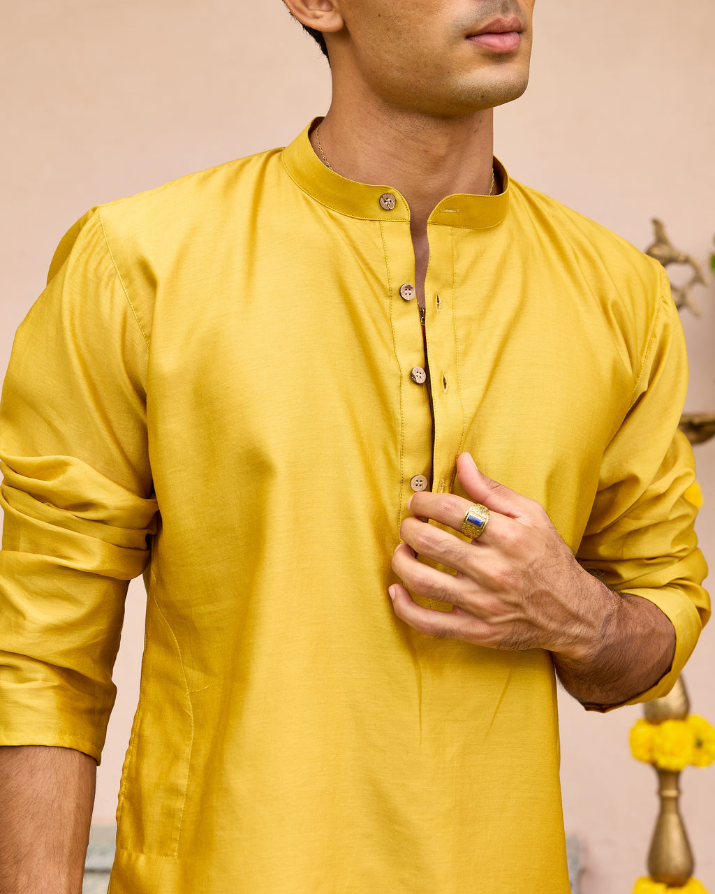 Yellow Pure Chanderi Men's Short Kurta