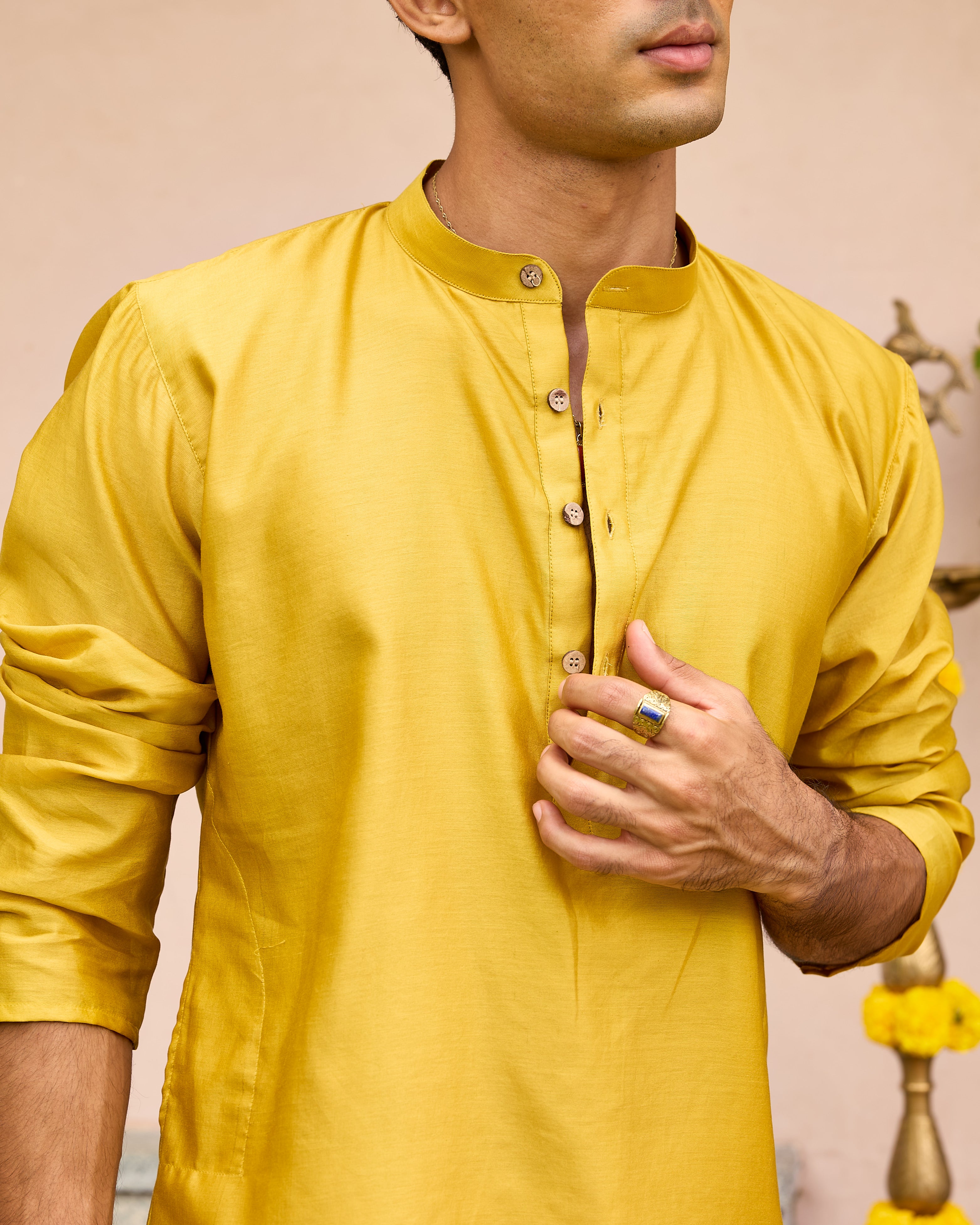 Yellow Pure Chanderi Men's Short Kurta