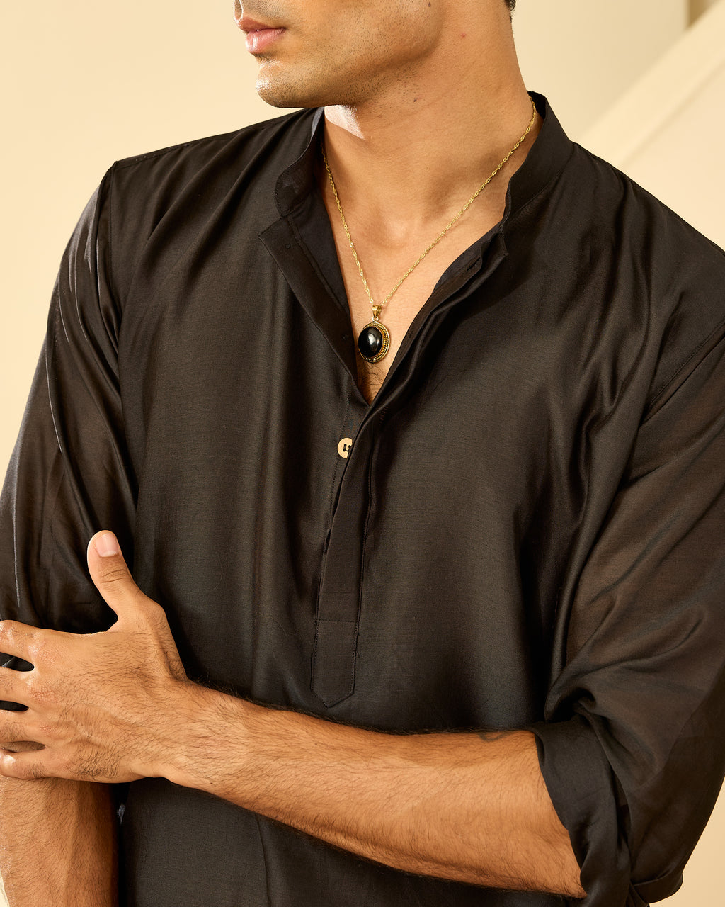 True Black Pure Chanderi Men's Kurta