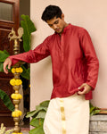 Red Pure Chanderi Men's Short Kurta
