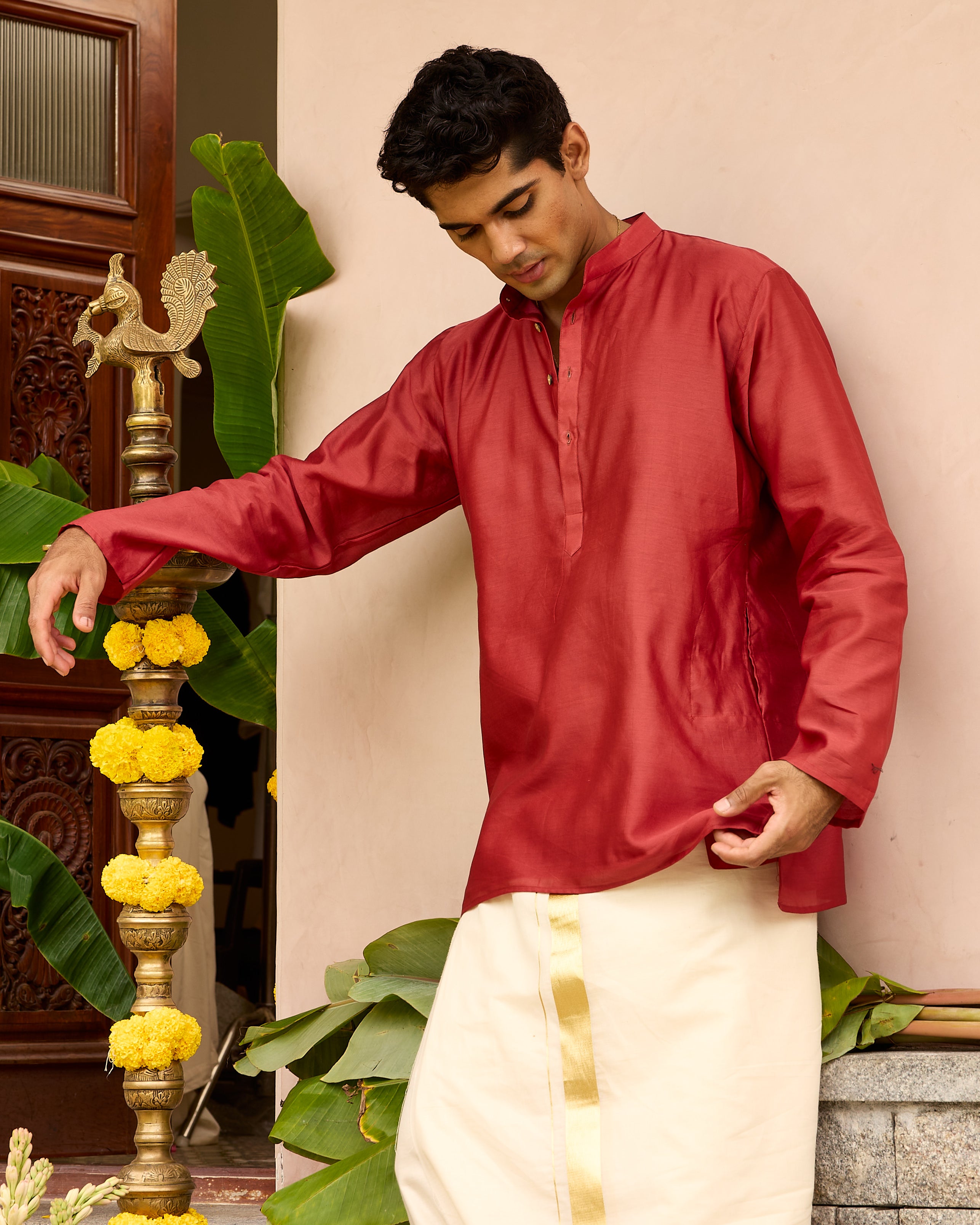 Red Pure Chanderi Men's Short Kurta