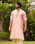 Rose Pink Pure Chanderi Kurta With Gold Piping On Hidden Placket