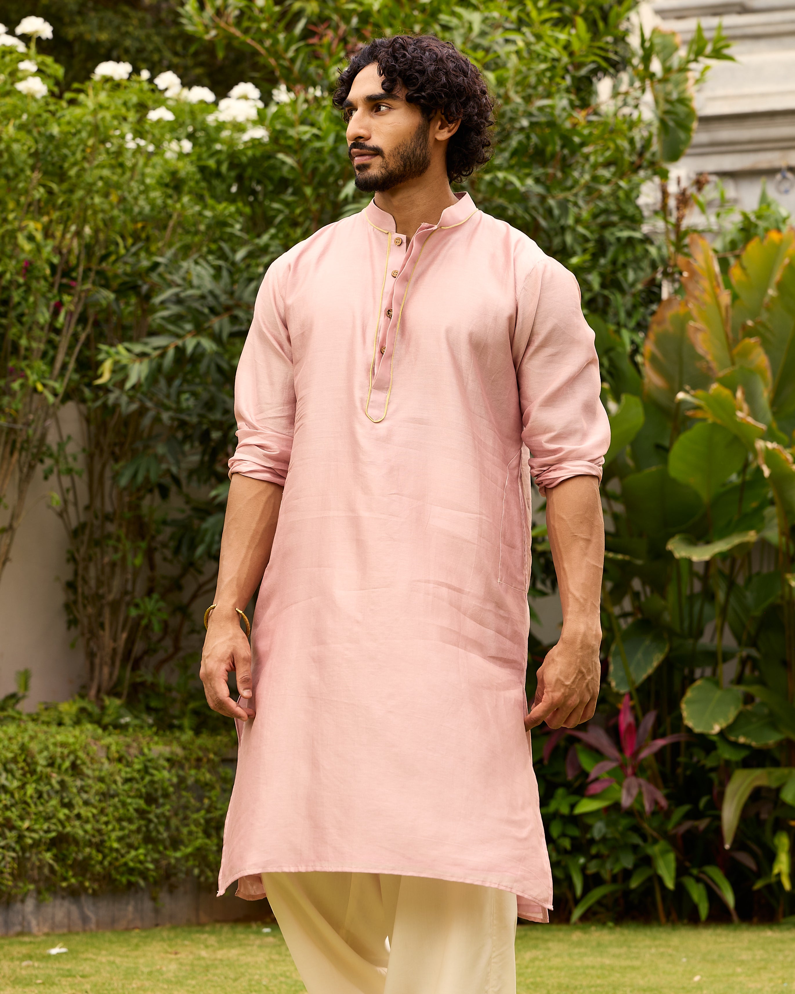 Rose Pink Pure Chanderi Kurta With Gold Piping On Hidden Placket