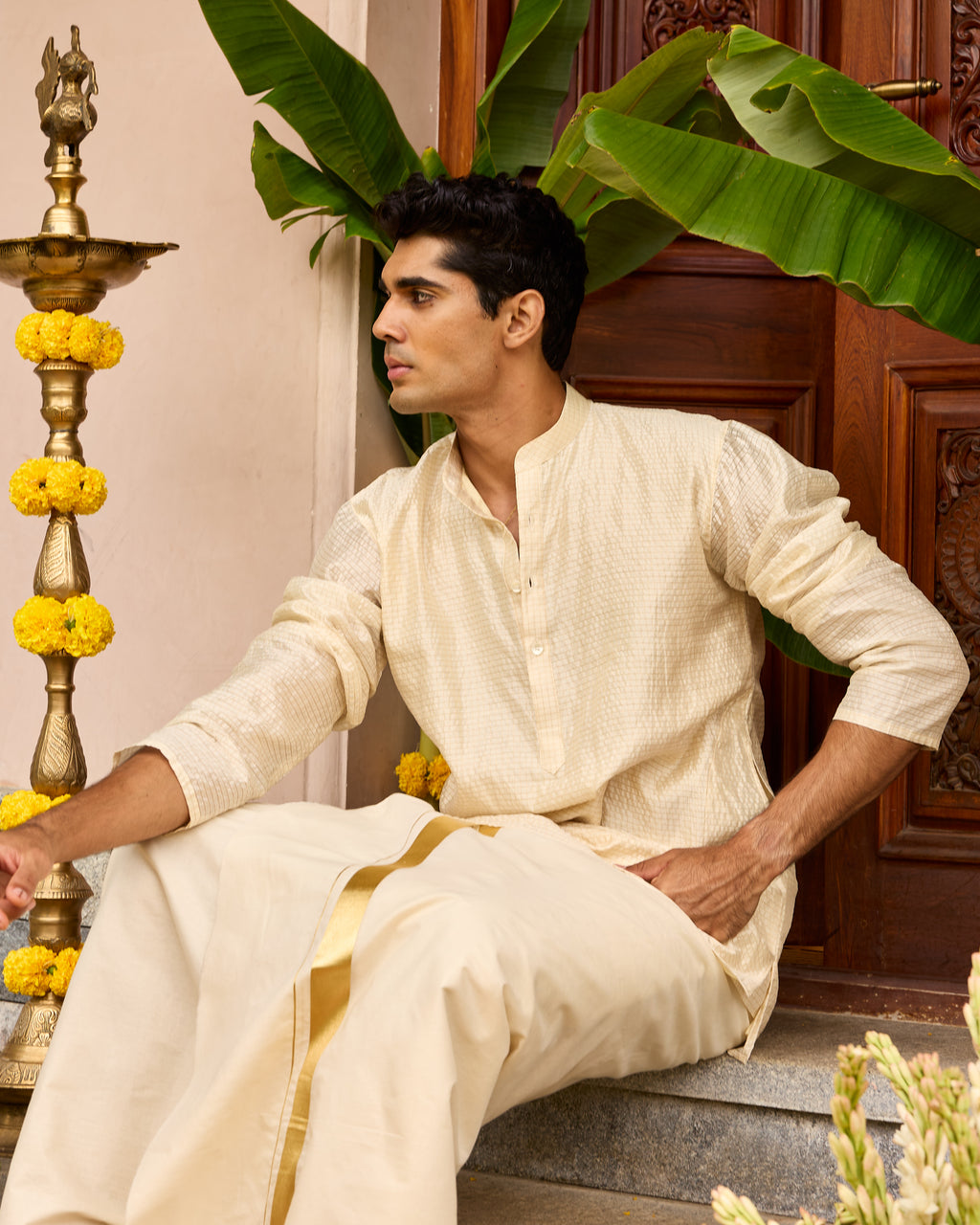 Small Checks Pure Chiniya Silk Men's Short Kurta