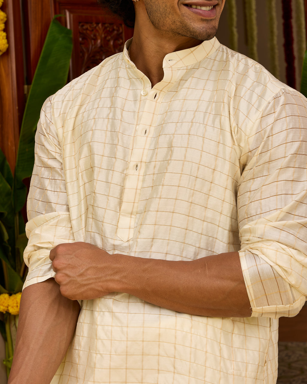 Checks Pure Chiniya Silk Men's Short Kurta