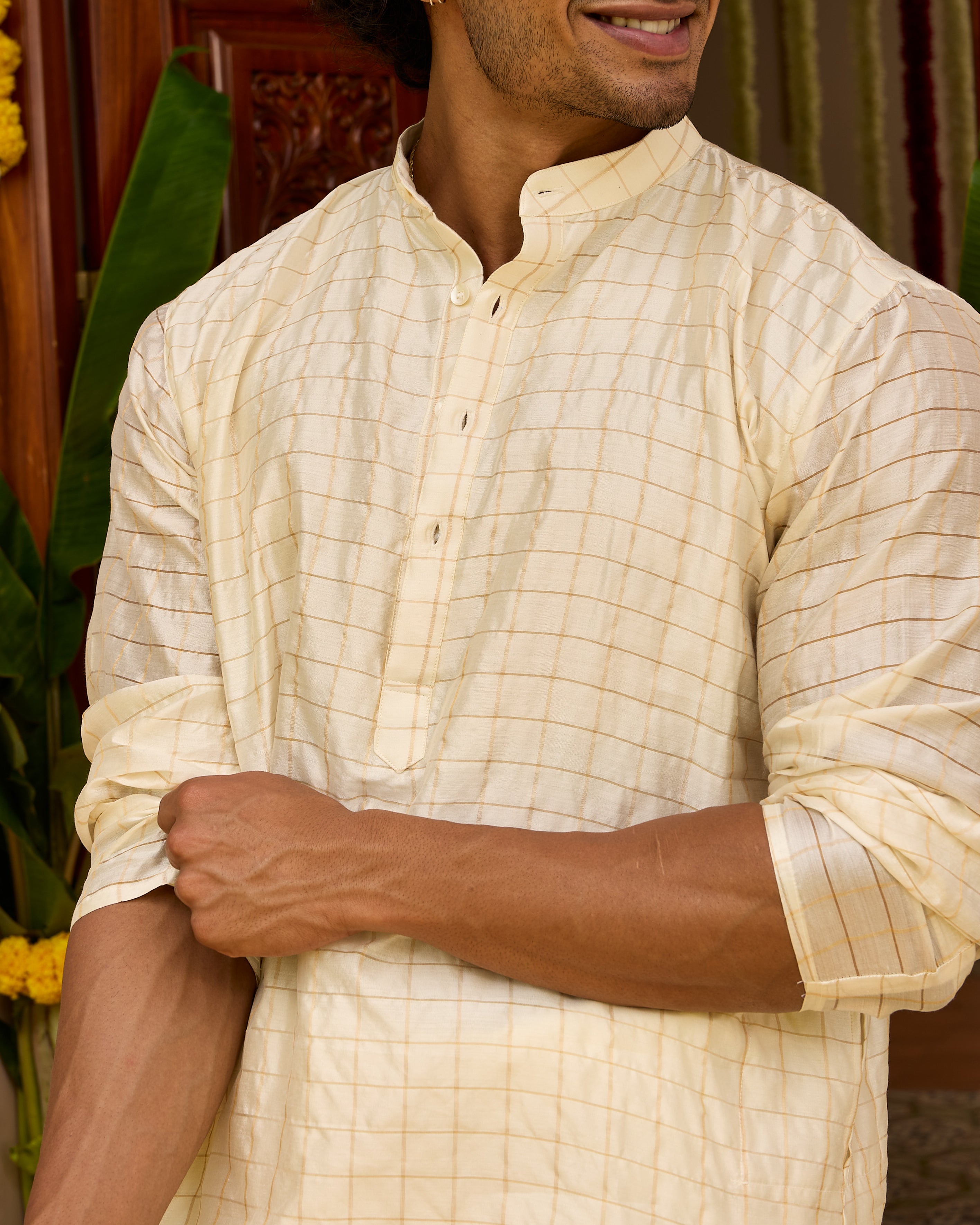 Checks Pure Chiniya Silk Men's Short Kurta