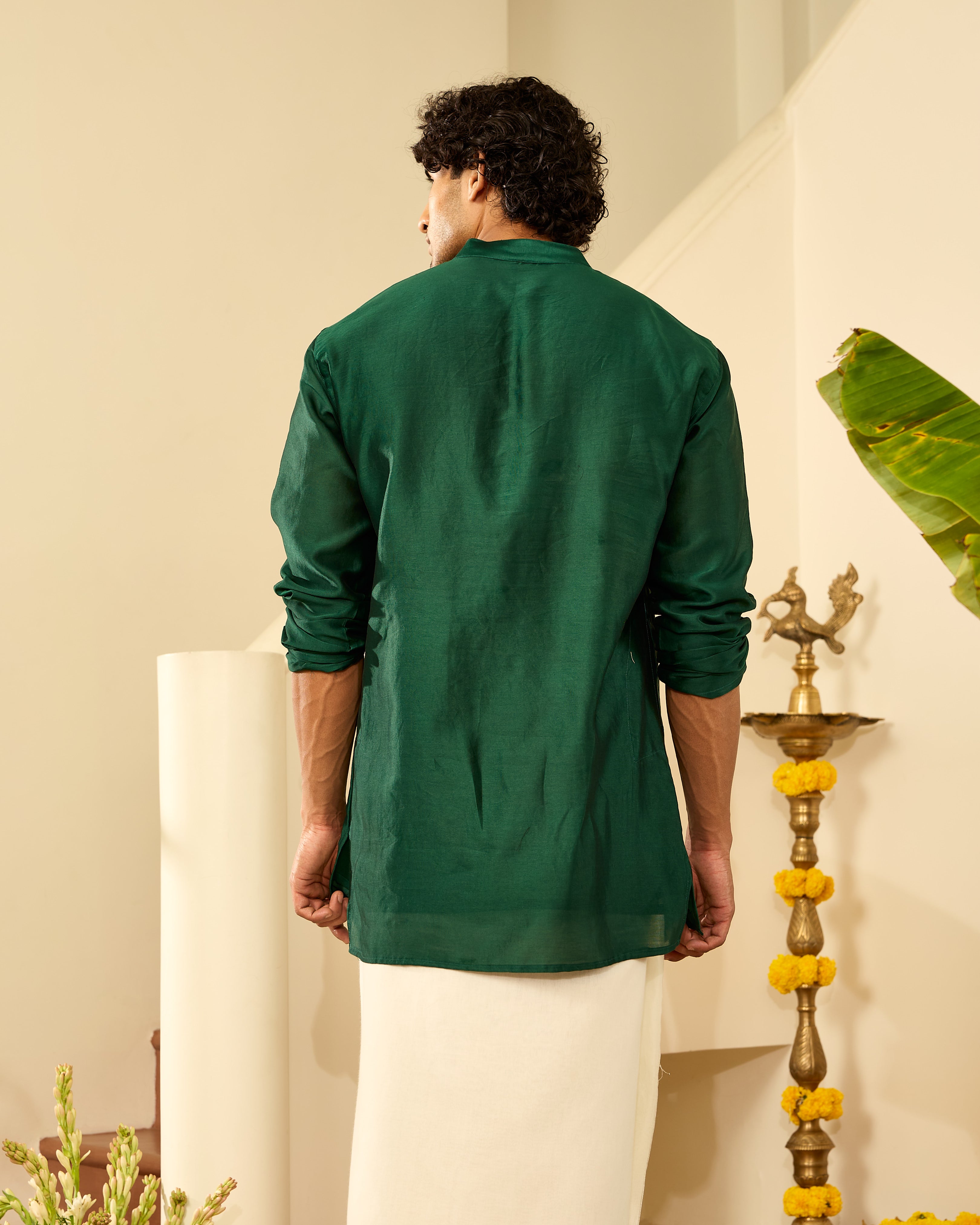 Bottle Green Pure Chanderi Men's Short Kurta
