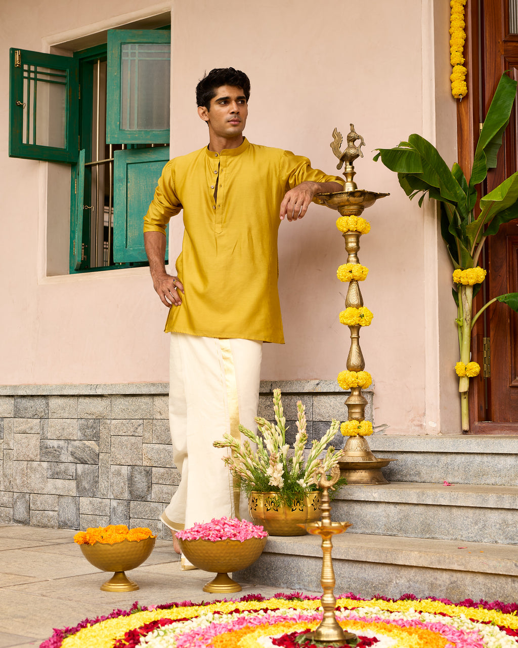 Yellow Pure Chanderi Men's Short Kurta