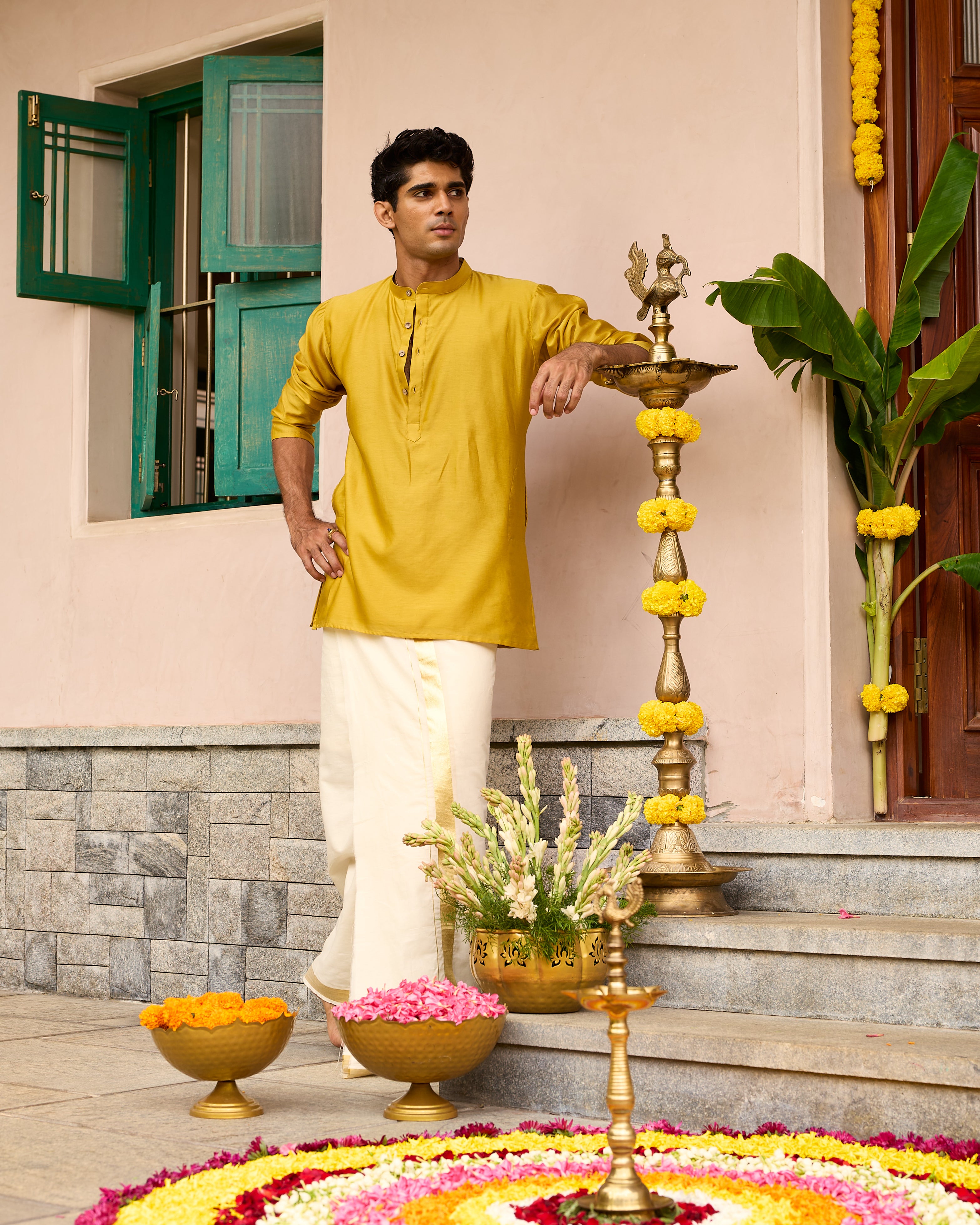 Yellow Pure Chanderi Men's Short Kurta