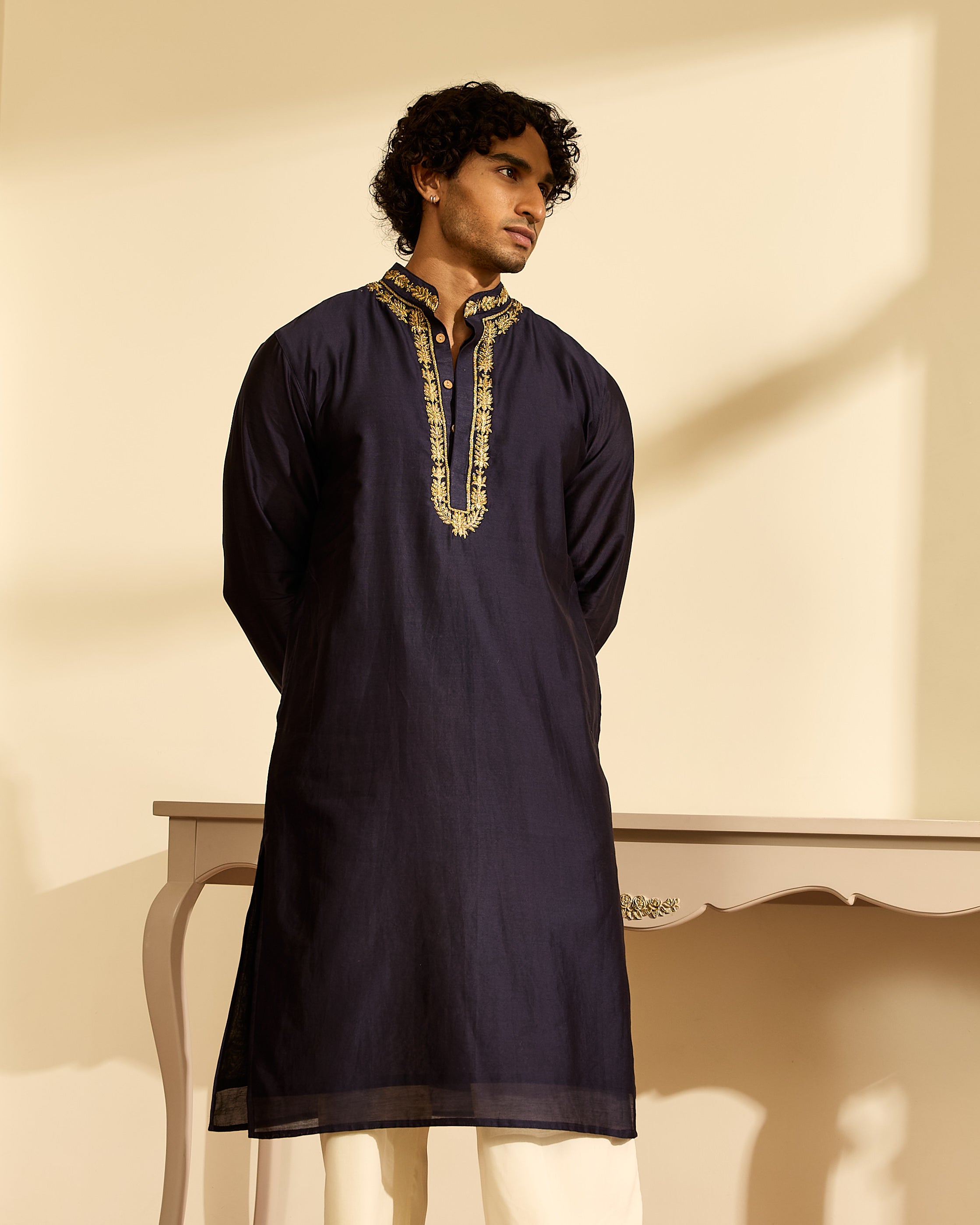Aari Midnight Blue Black Chanderi Kurta