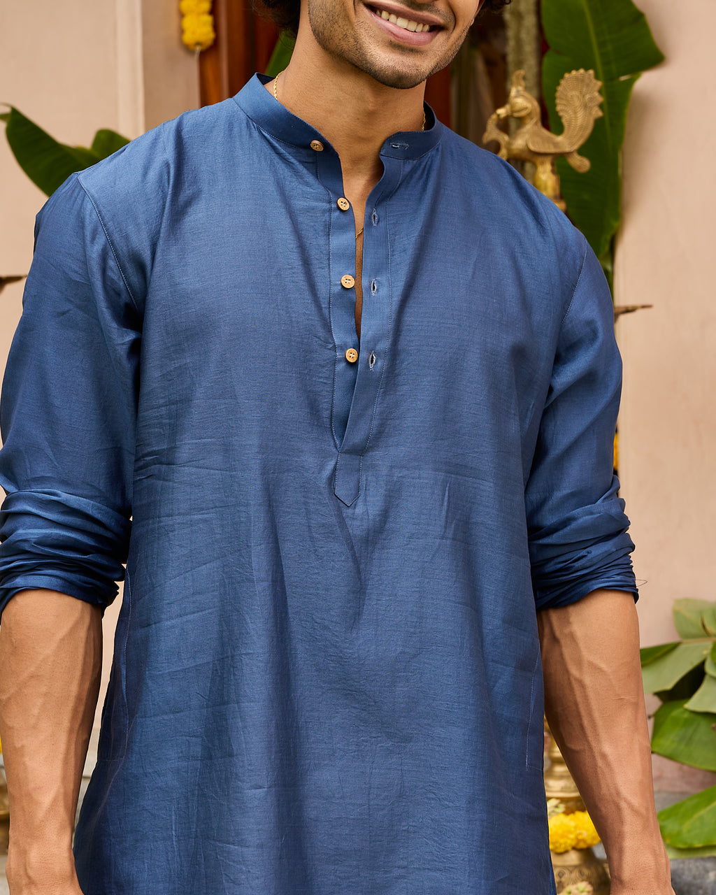 Blue Pure Chanderi Men's Short Kurta