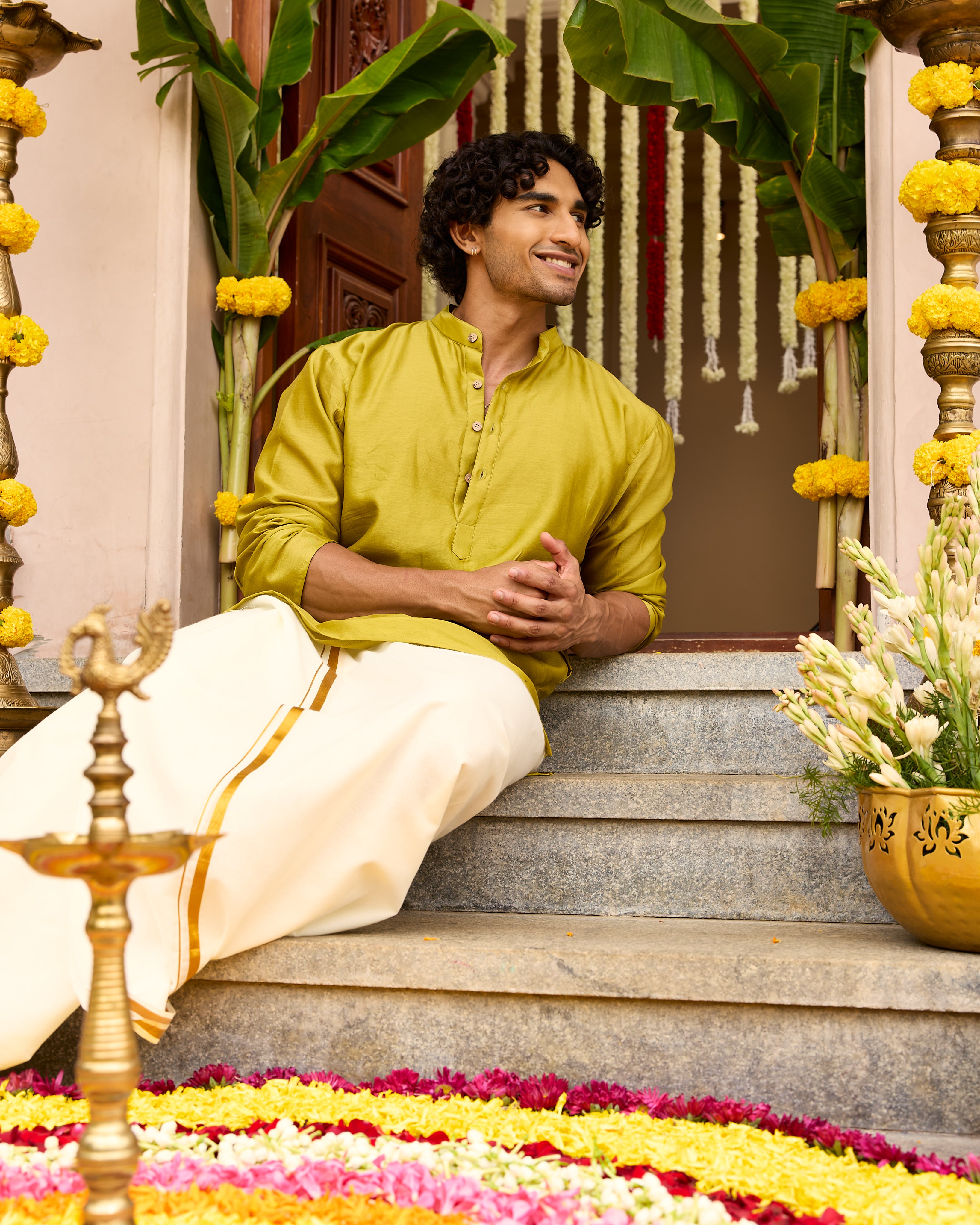 Green Pure Chanderi Men's Short Kurta