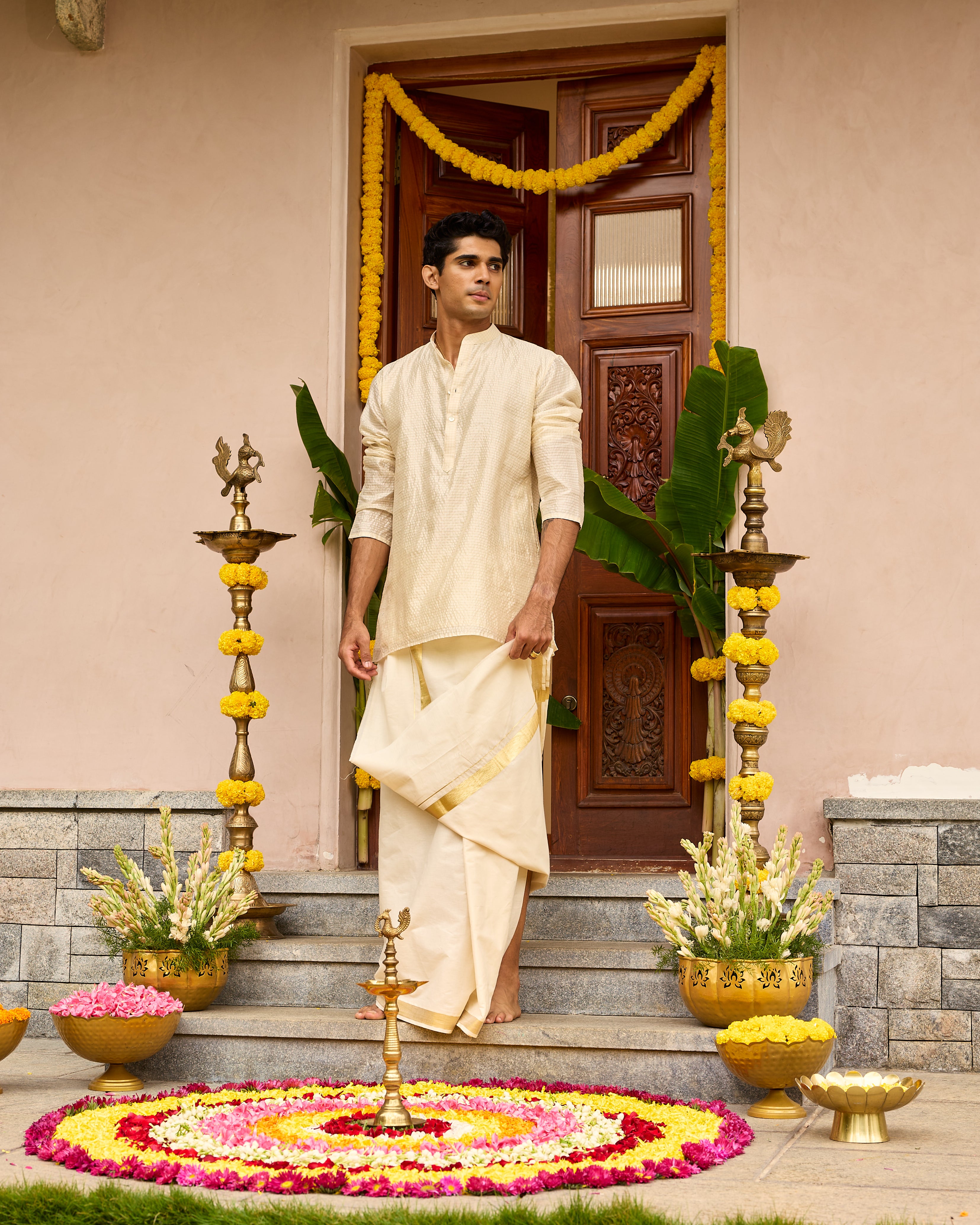 Small Checks Pure Chiniya Silk Men's Short Kurta