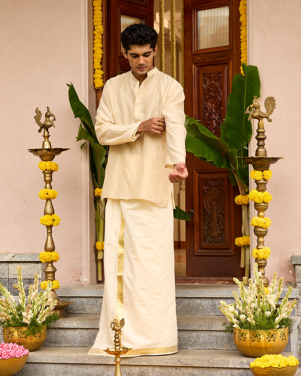 Thin Stripes Pure Tissue Chanderi Men's Short Kurta