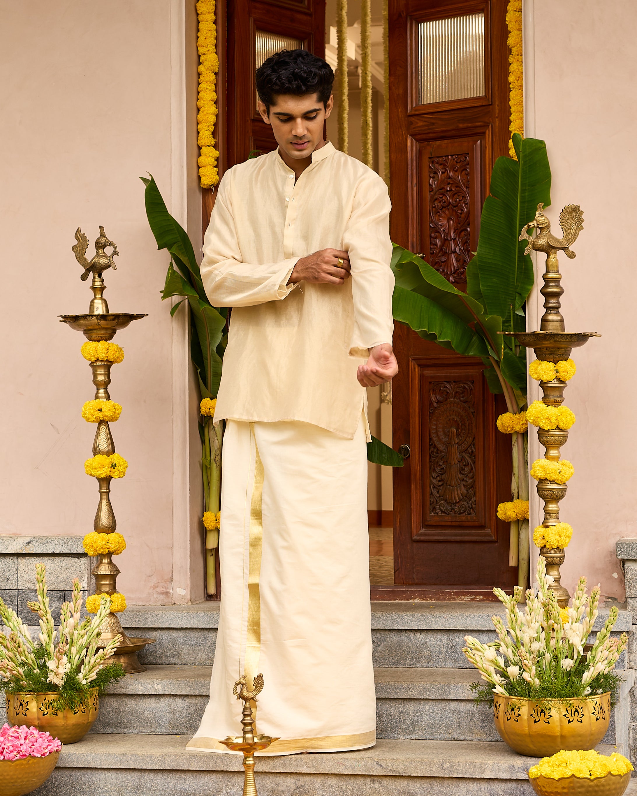 Thin Stripes Pure Tissue Chanderi Men's Short Kurta