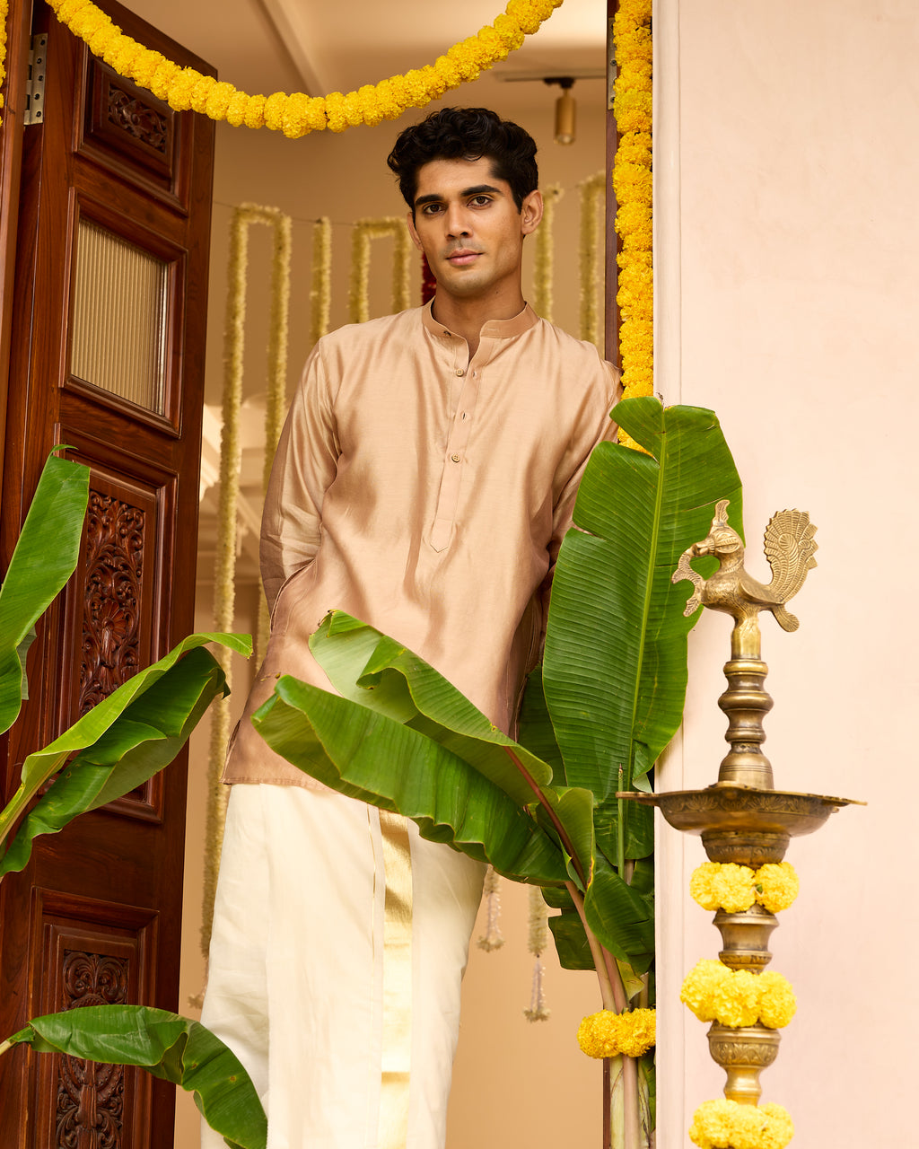 Light Gold Pure Chanderi Men's Short Kurta