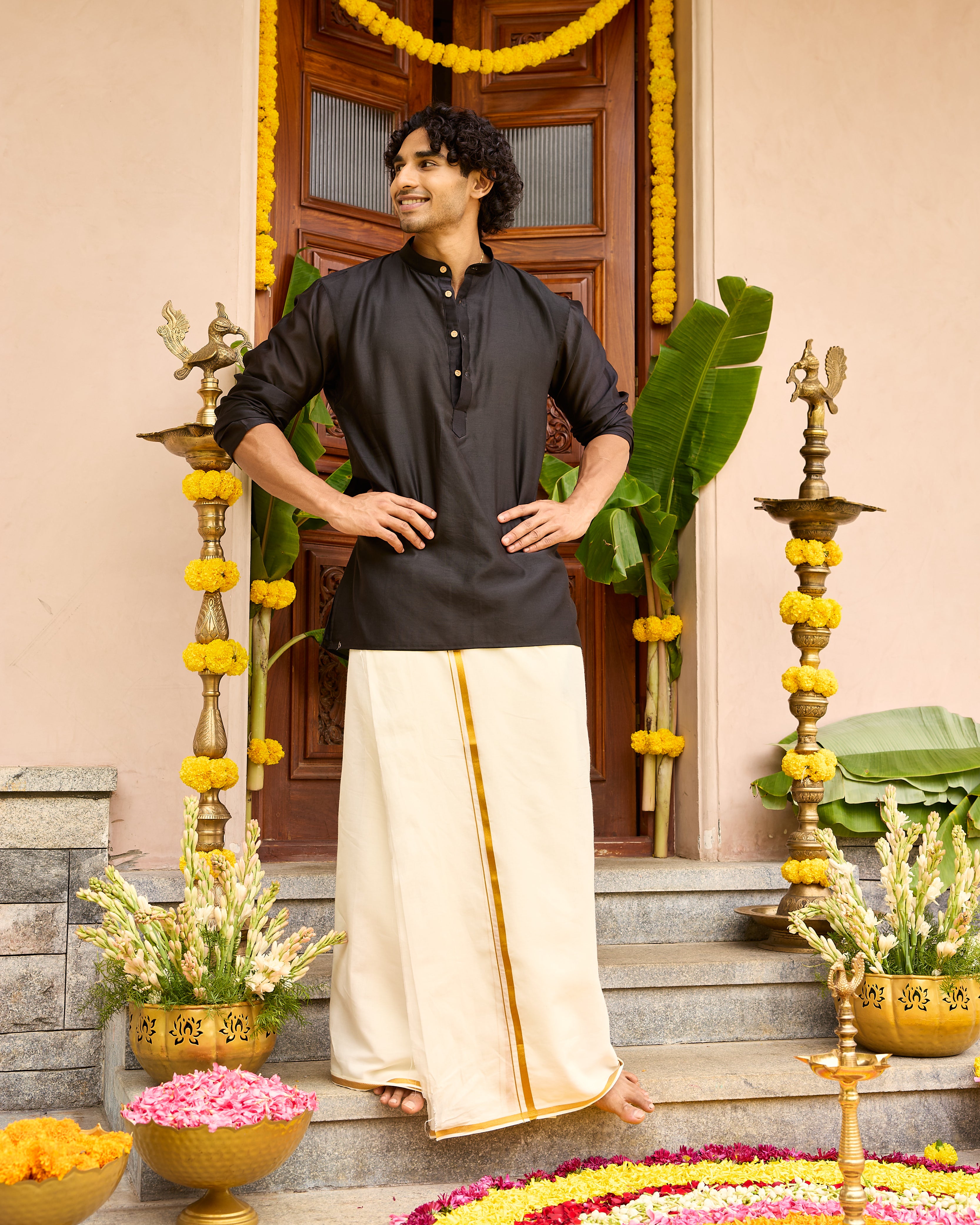 True Black Pure Chanderi Men's Short Kurta