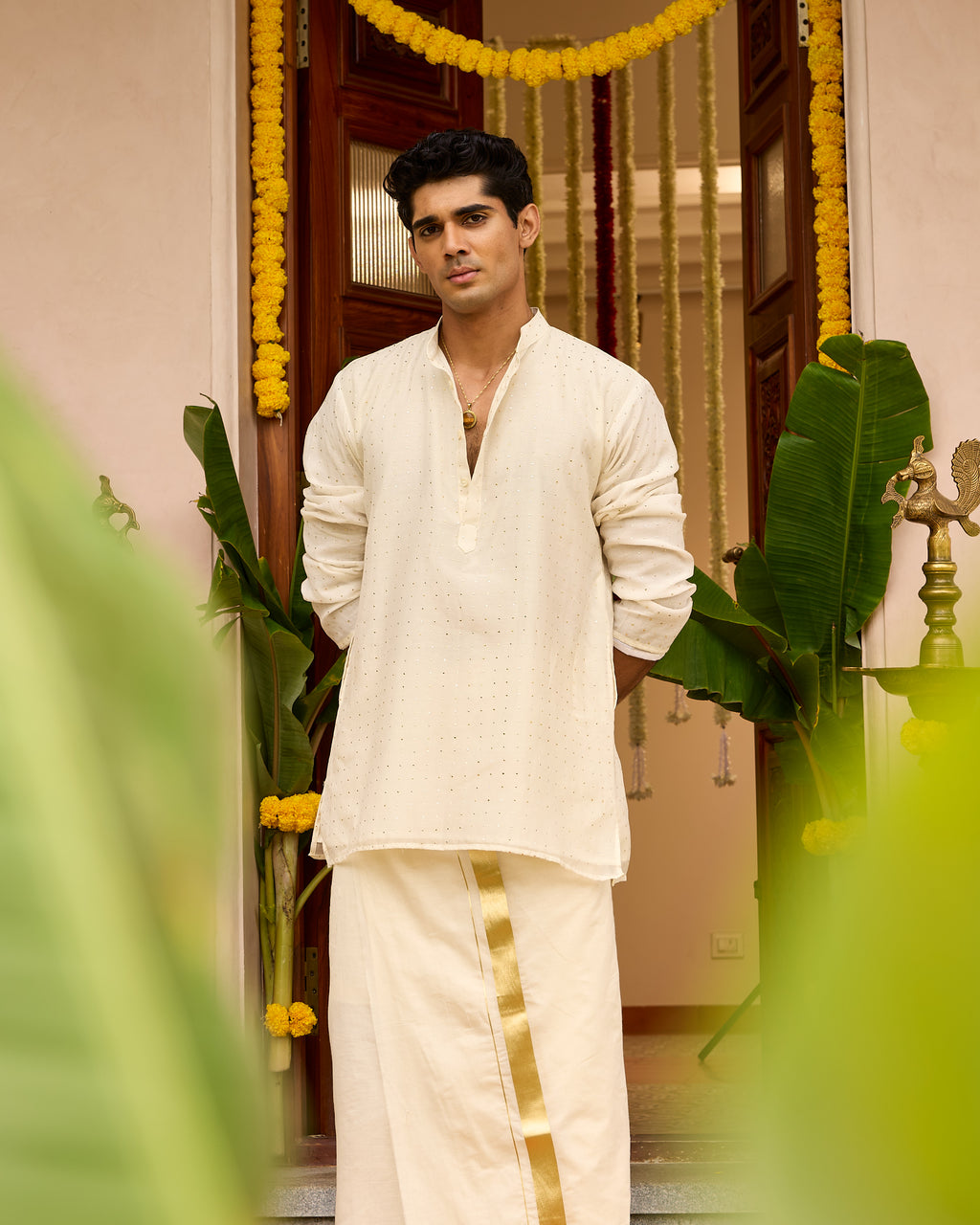 White Kamdani  Pure Chanderi Men's Short Kurta