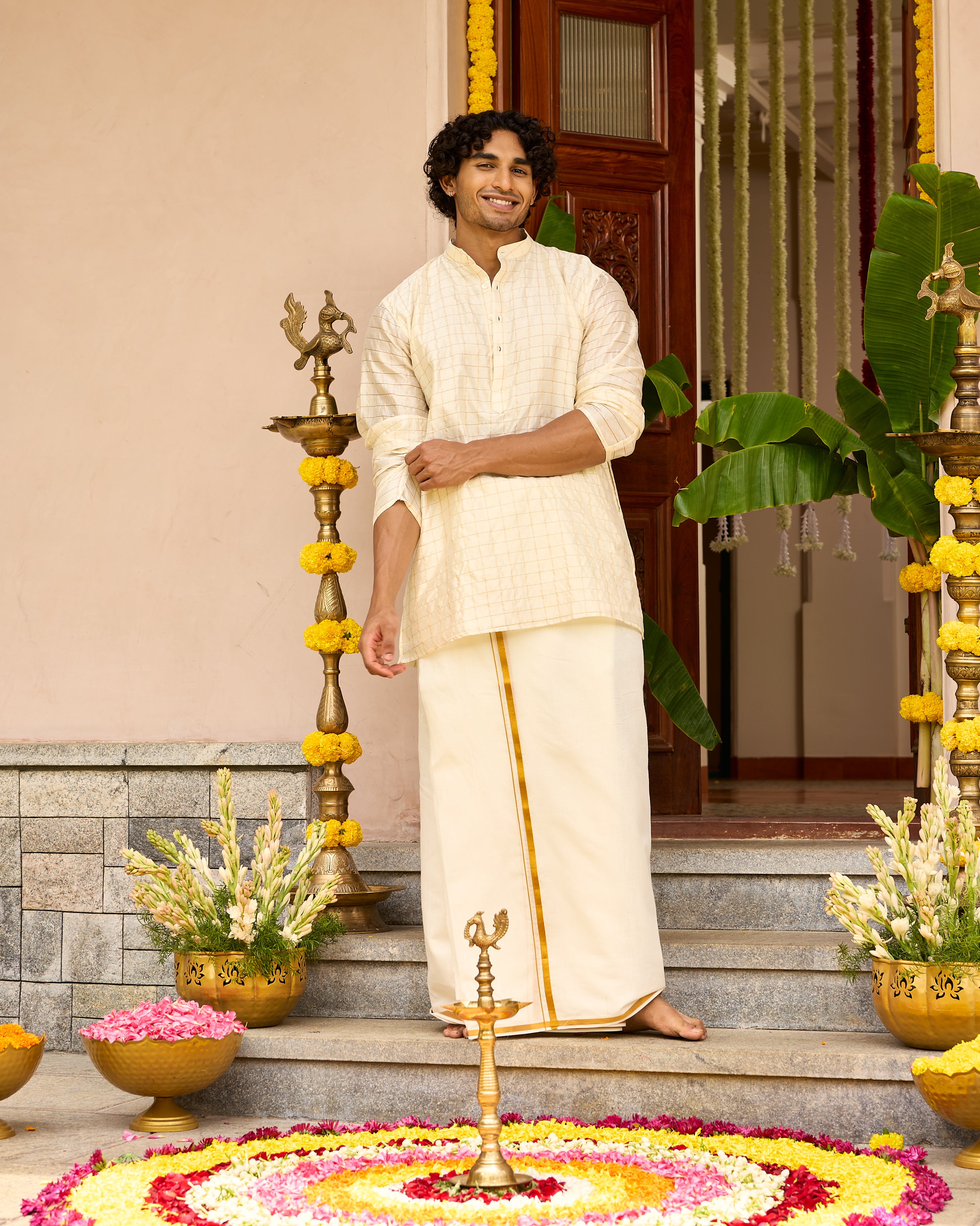 Checks Pure Chiniya Silk Men's Short Kurta