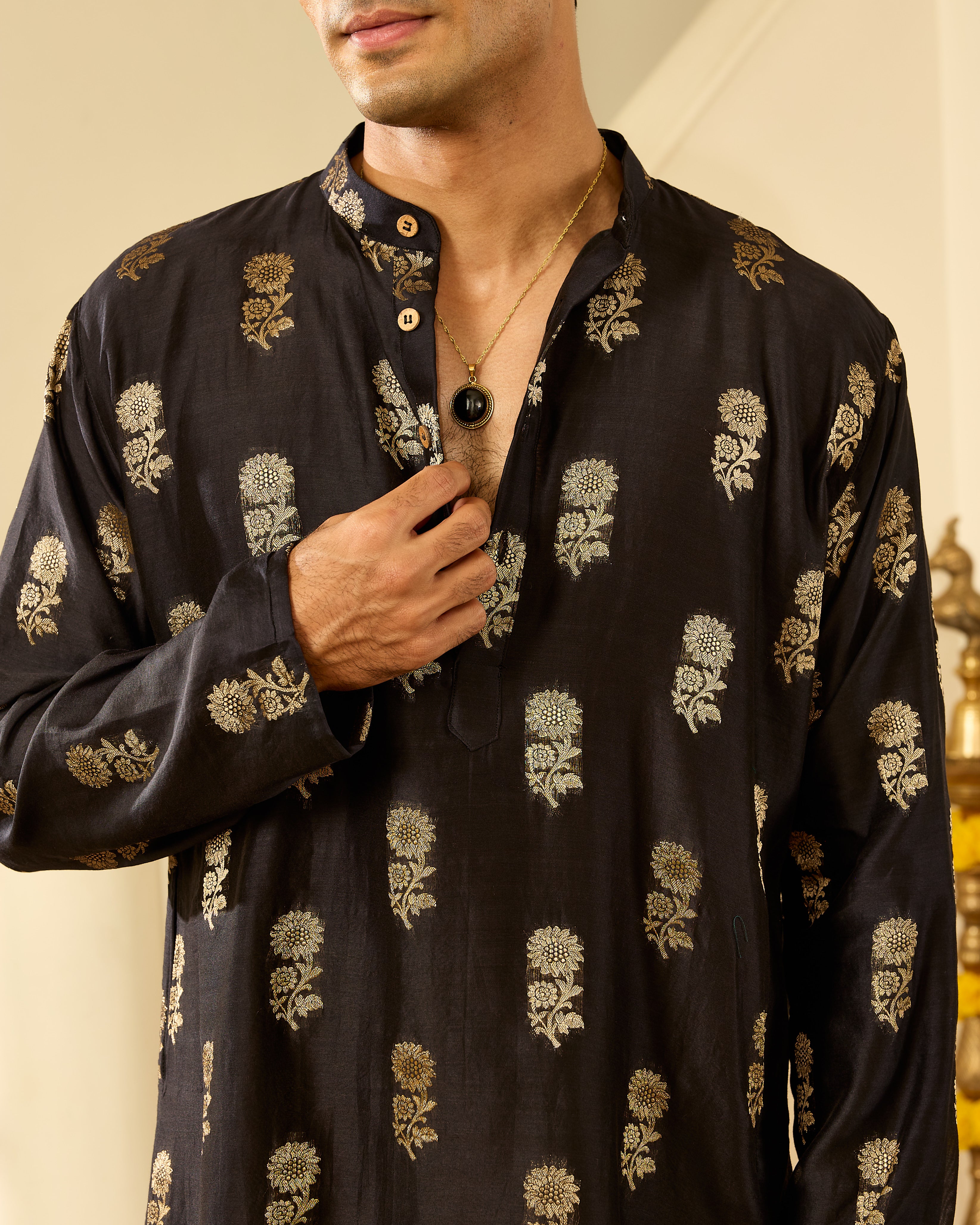 Black Pure Chanderi Zari Buta Floral Men's Short Kurta