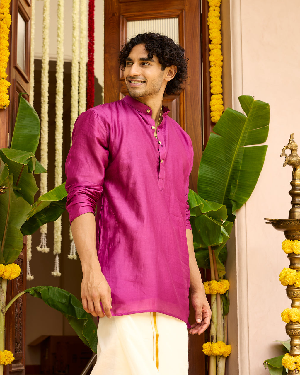 Pink Pure Chanderi Men's Short Kurta