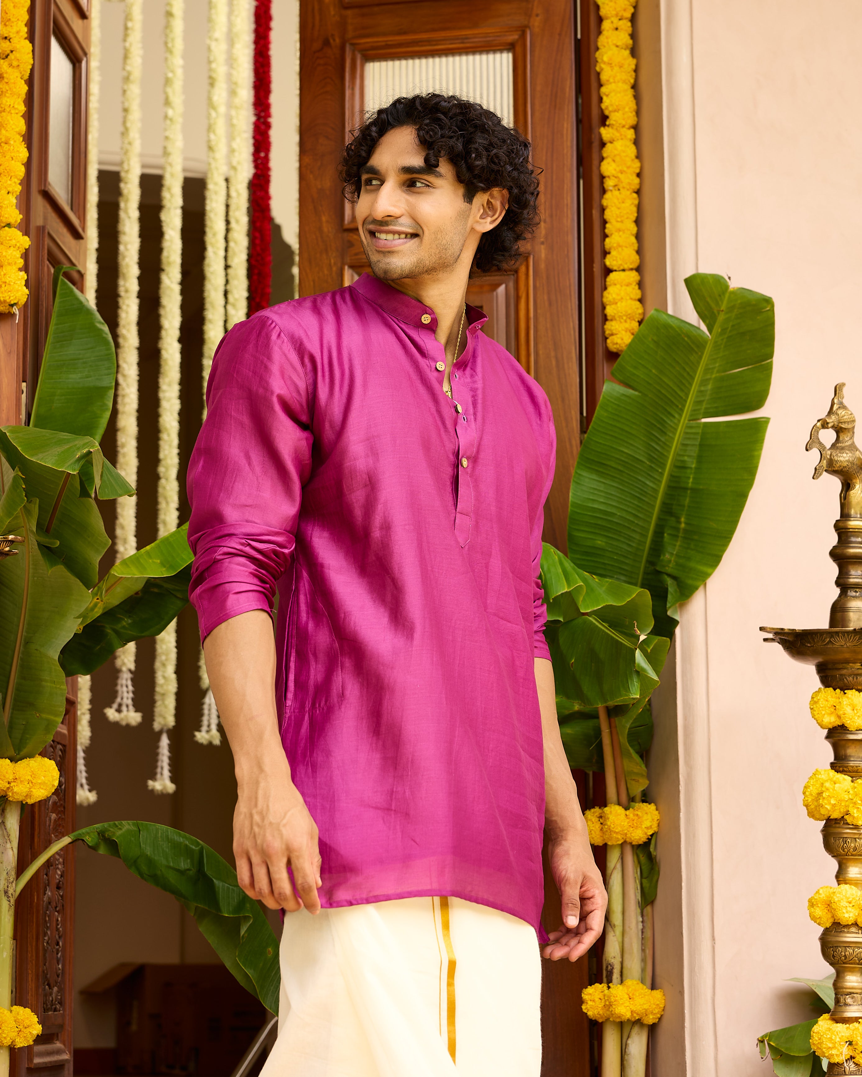 Pink Pure Chanderi Men's Short Kurta
