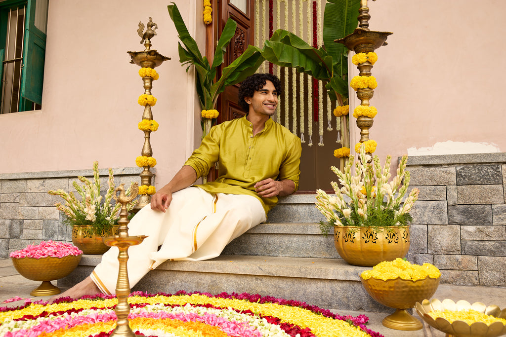 Green Pure Chanderi Men's Short Kurta