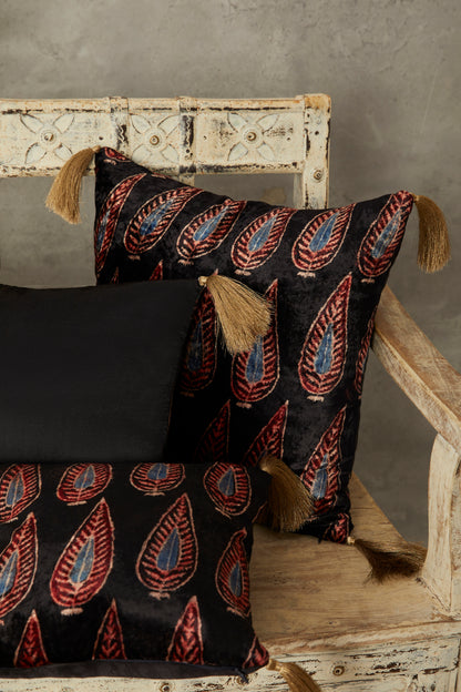 Darakht Black Velvet Ajrakh Square Cushion Cover