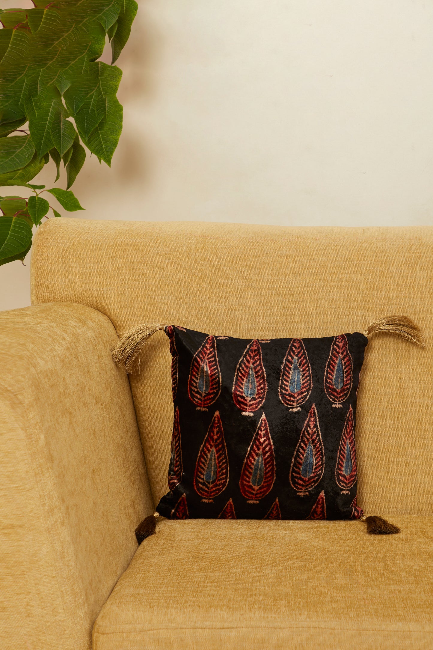 Darakht Black Velvet Ajrakh Square Cushion Cover