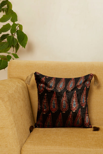 Darakht Black Velvet Ajrakh Square Cushion Cover