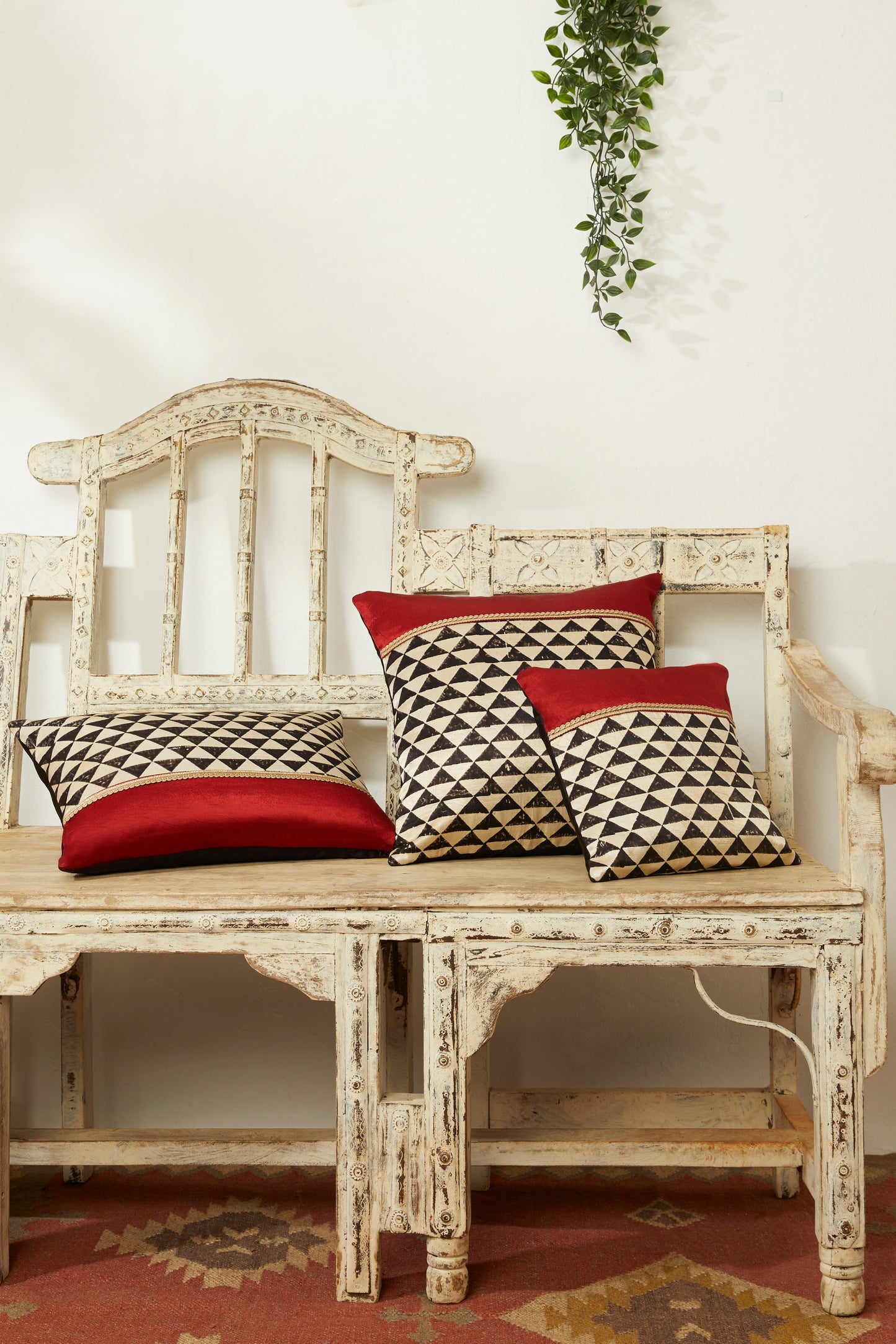 Trikoun Red Mashru Ajrakh Square Cushion Cover