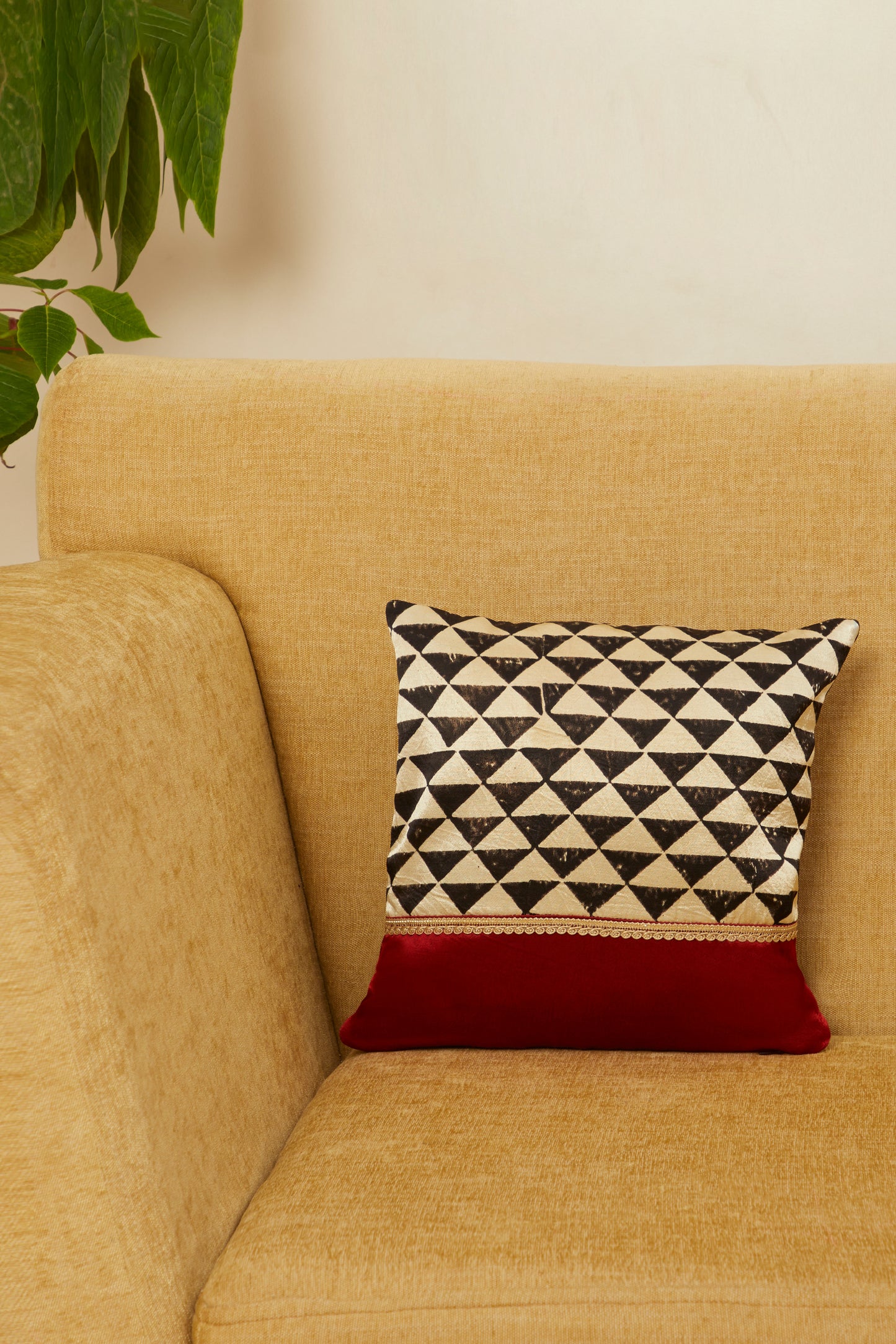 Trikoun Red Mashru Ajrakh Square Cushion Cover