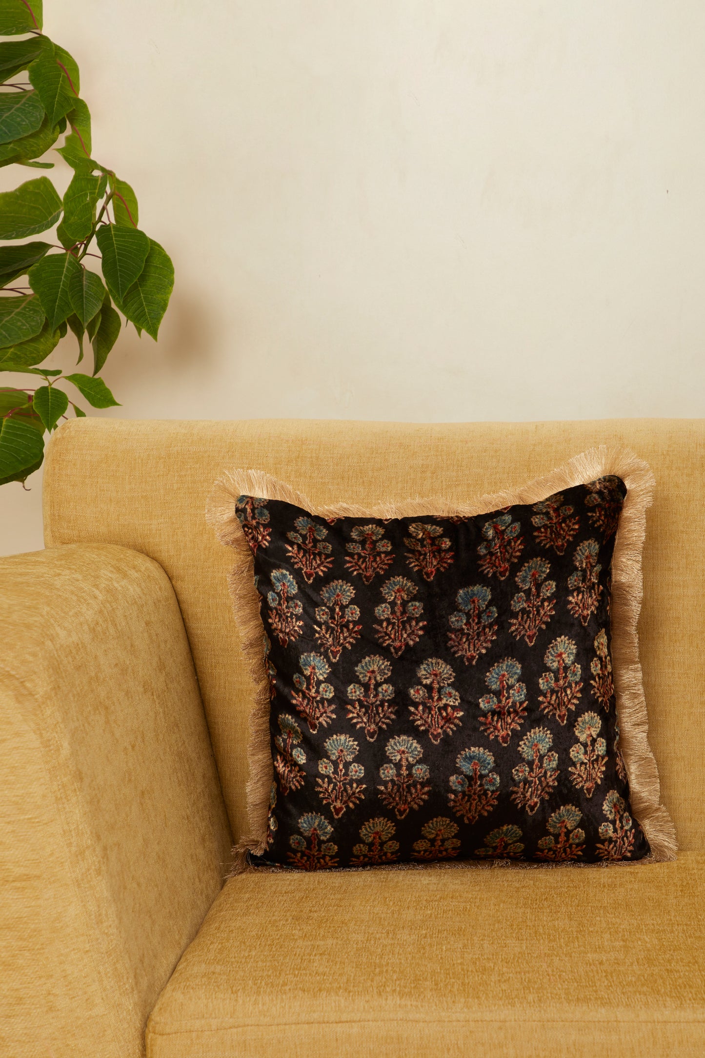 Phool Velvet Ajrakh Square Cushion Cover