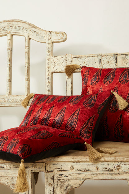 Darakht Red Velvet Ajrakh Square Cushion Cover