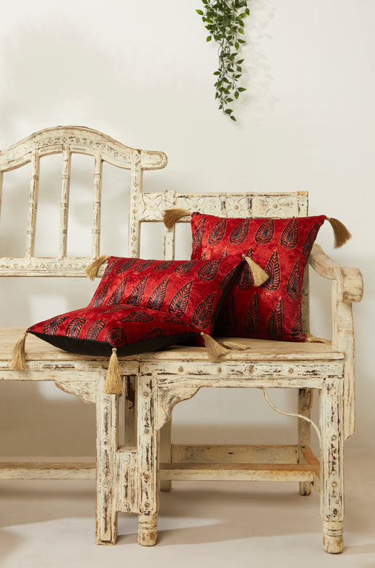 Darakht Red Velvet Ajrakh Square Cushion Cover