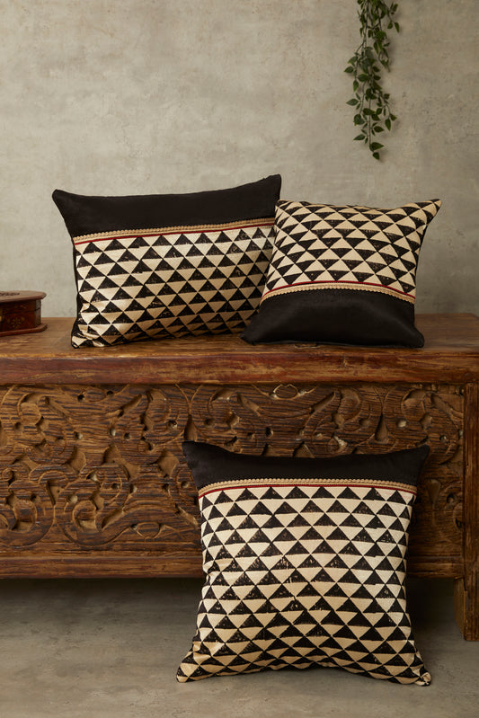 Trikoun Black Mashru Ajrakh Square Cushion Cover