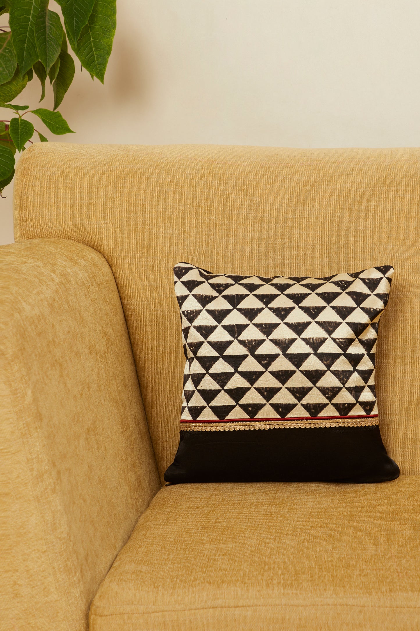 Trikoun Black Mashru Ajrakh Square Cushion Cover