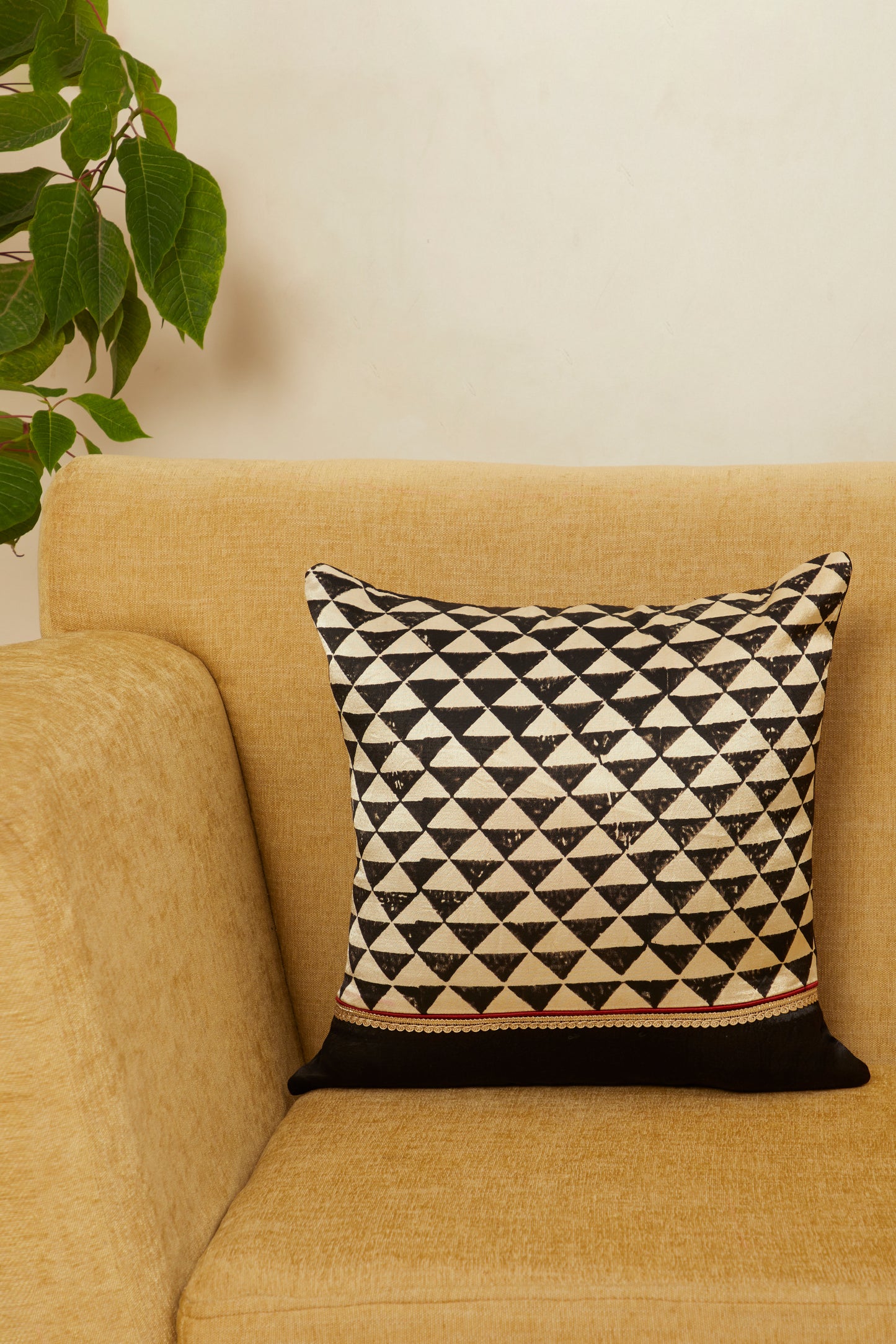 Trikoun Black Mashru Ajrakh Square Cushion Cover