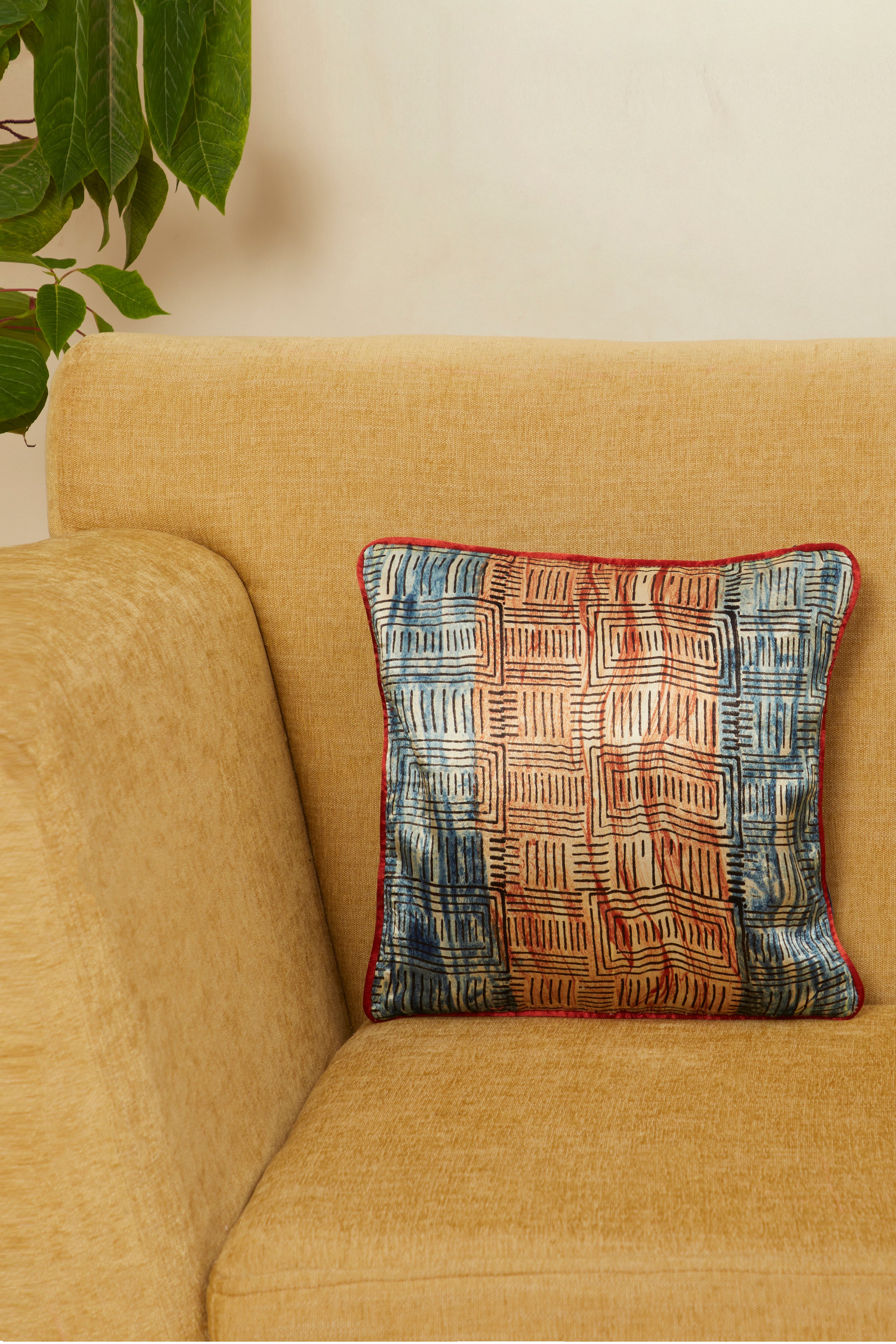 Anhad Red Mashru Ajrakh Square Cushion Cover
