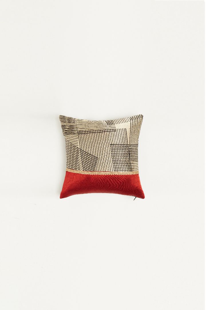 Paheli Red Mashru Ajrakh Square Cushion Cover