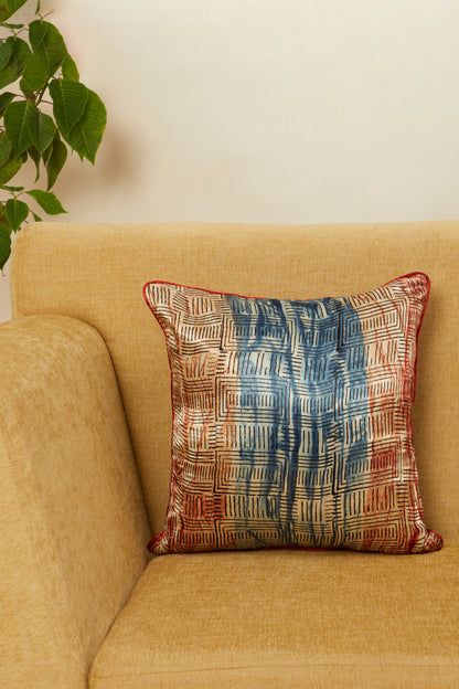 Anhad Blue Mashru Ajrakh Square Cushion Cover