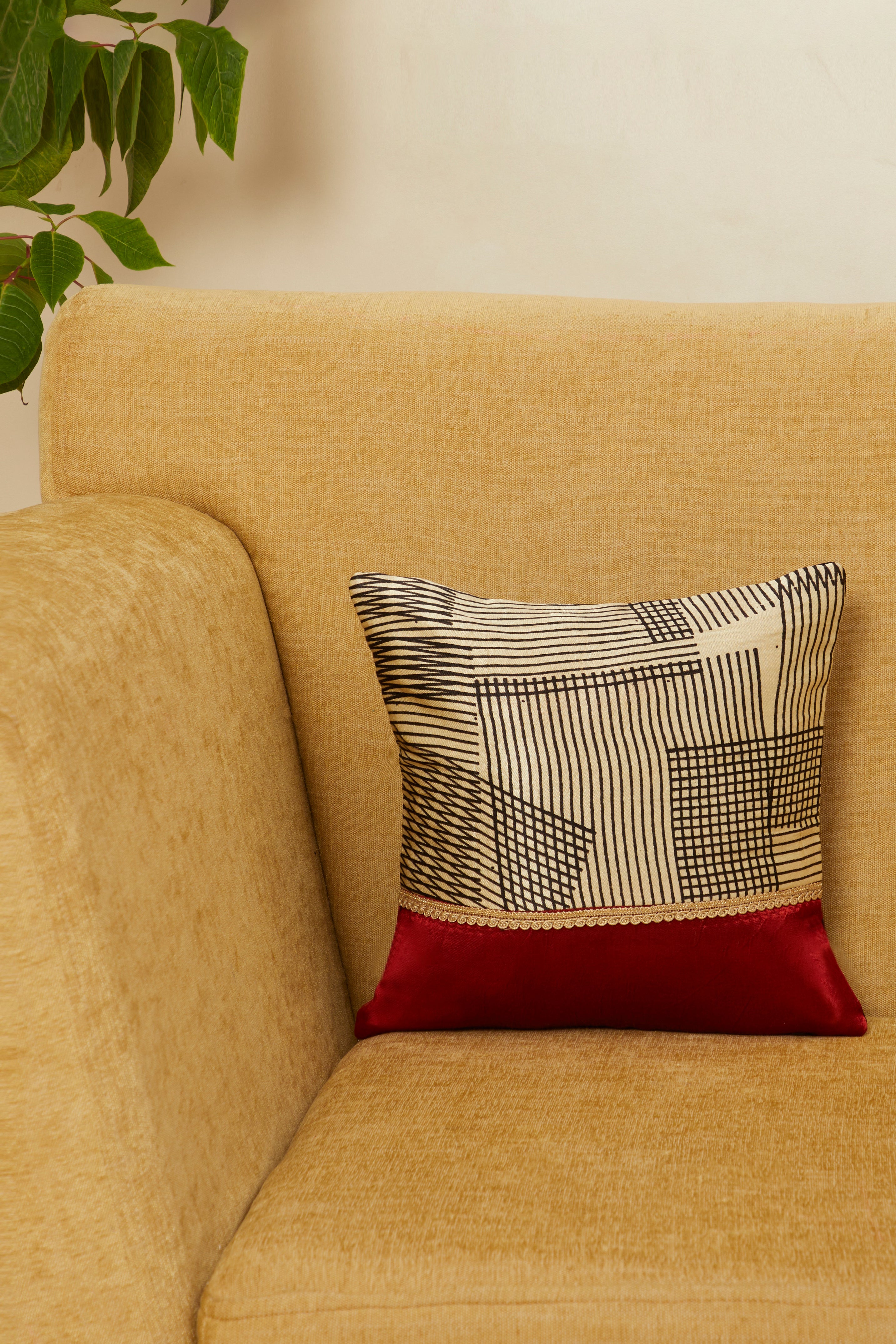 Paheli Red Mashru Ajrakh Square Cushion Cover