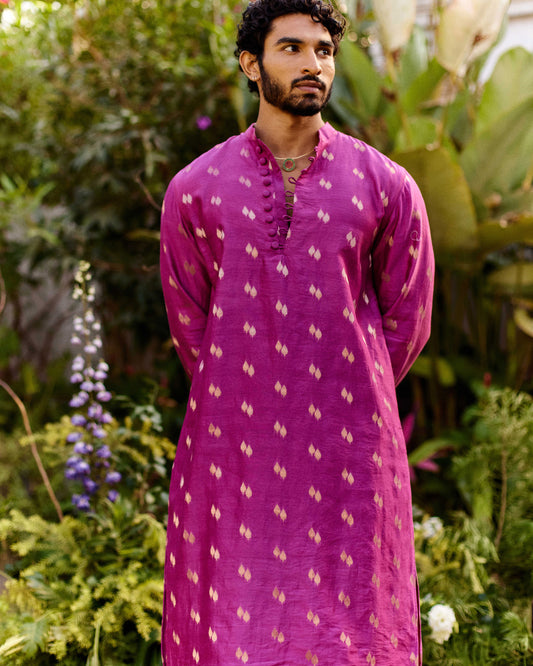 Pink Pure Chanderi Paan Zari Buta Kurta-Men