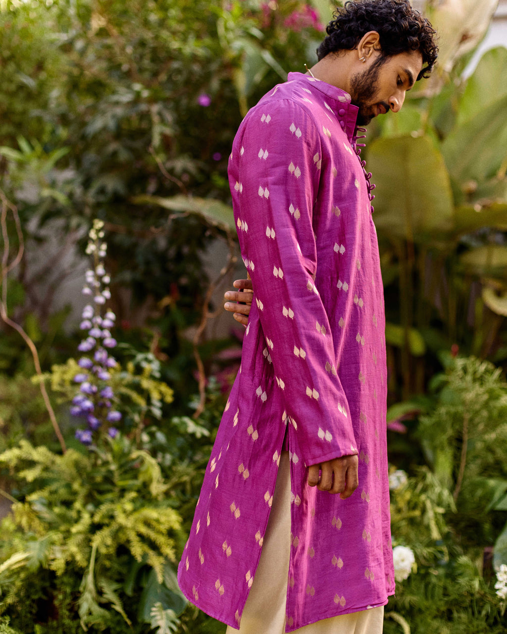 Pink Pure Chanderi Paan Zari Buta Kurta-Men