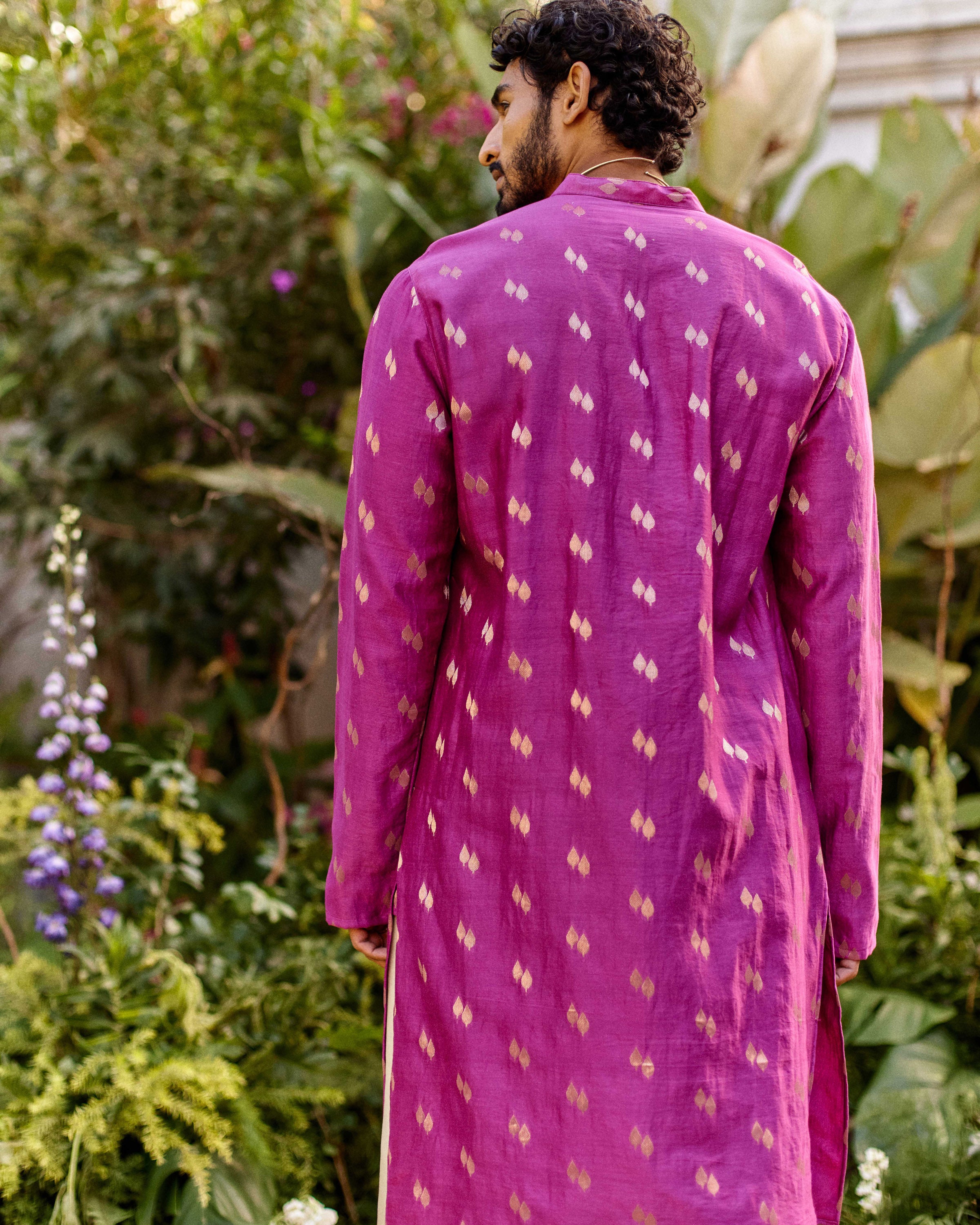 Pink Pure Chanderi Paan Zari Buta Kurta-Men