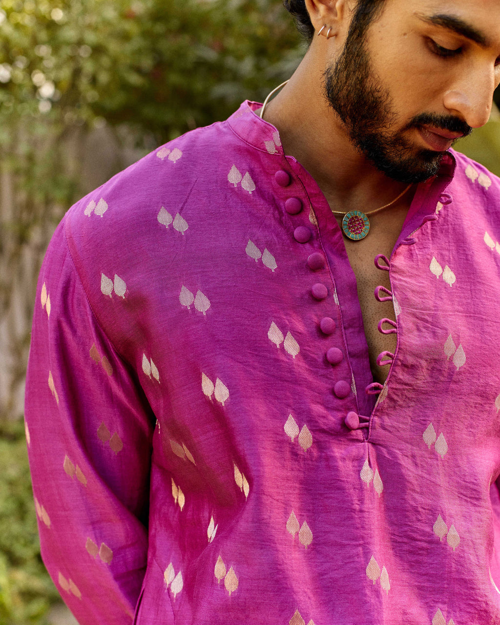 Pink Pure Chanderi Paan Zari Buta Kurta-Men
