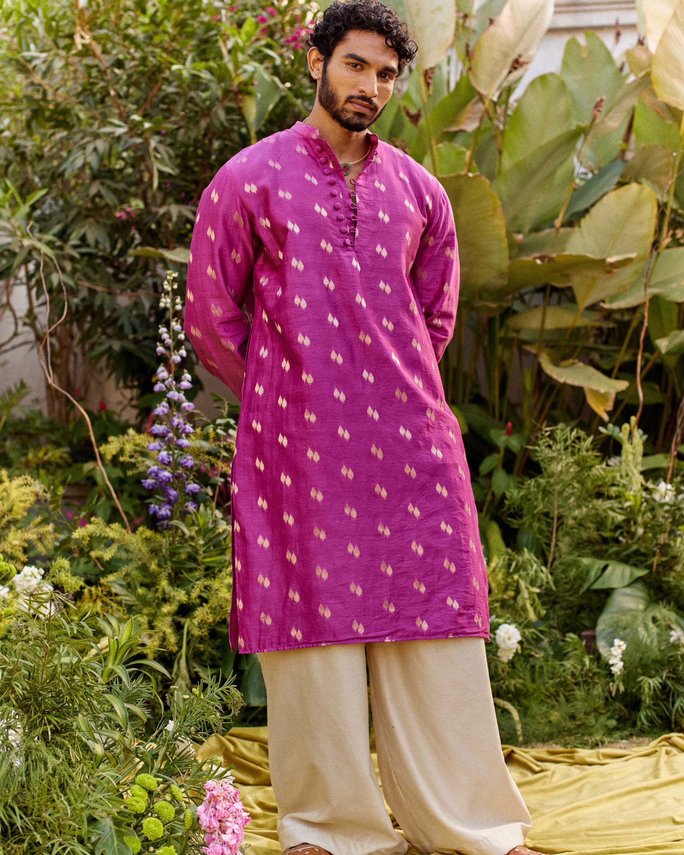 Pink Pure Chanderi Paan Zari Buta Kurta-Men