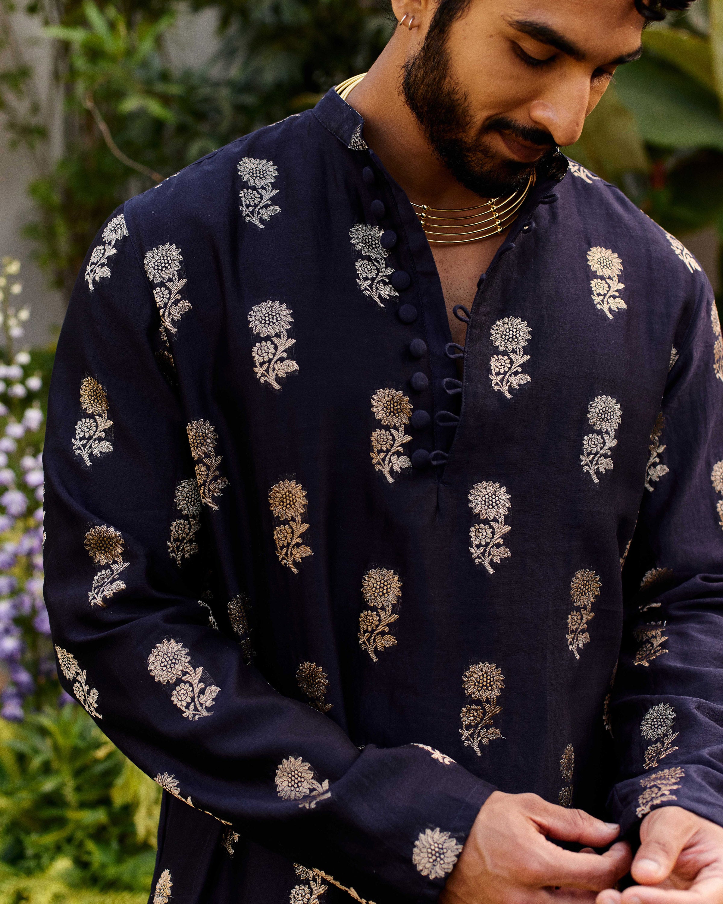 Midhnight Black Blue Pure Chanderi Floral Zari Buta Kurta-Men